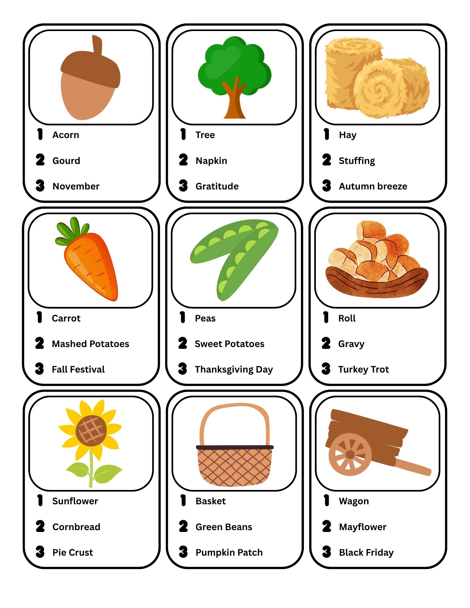 Thanksgiving charades printable with words like acorn, mashed potatoes, and Black Friday