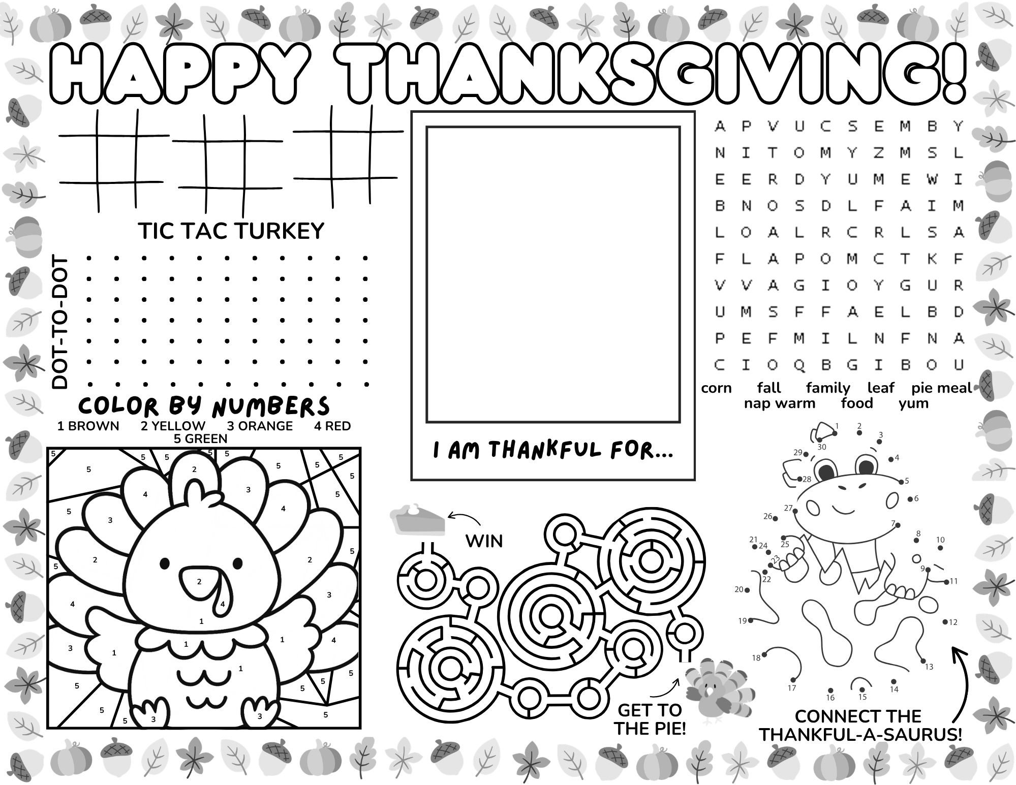 Printable Thanksgiving placemat activity page for kids with tic-tac-toe, a Thankful-a-saurus dot-to-dot, color-by-number turkey, word search, and a maze