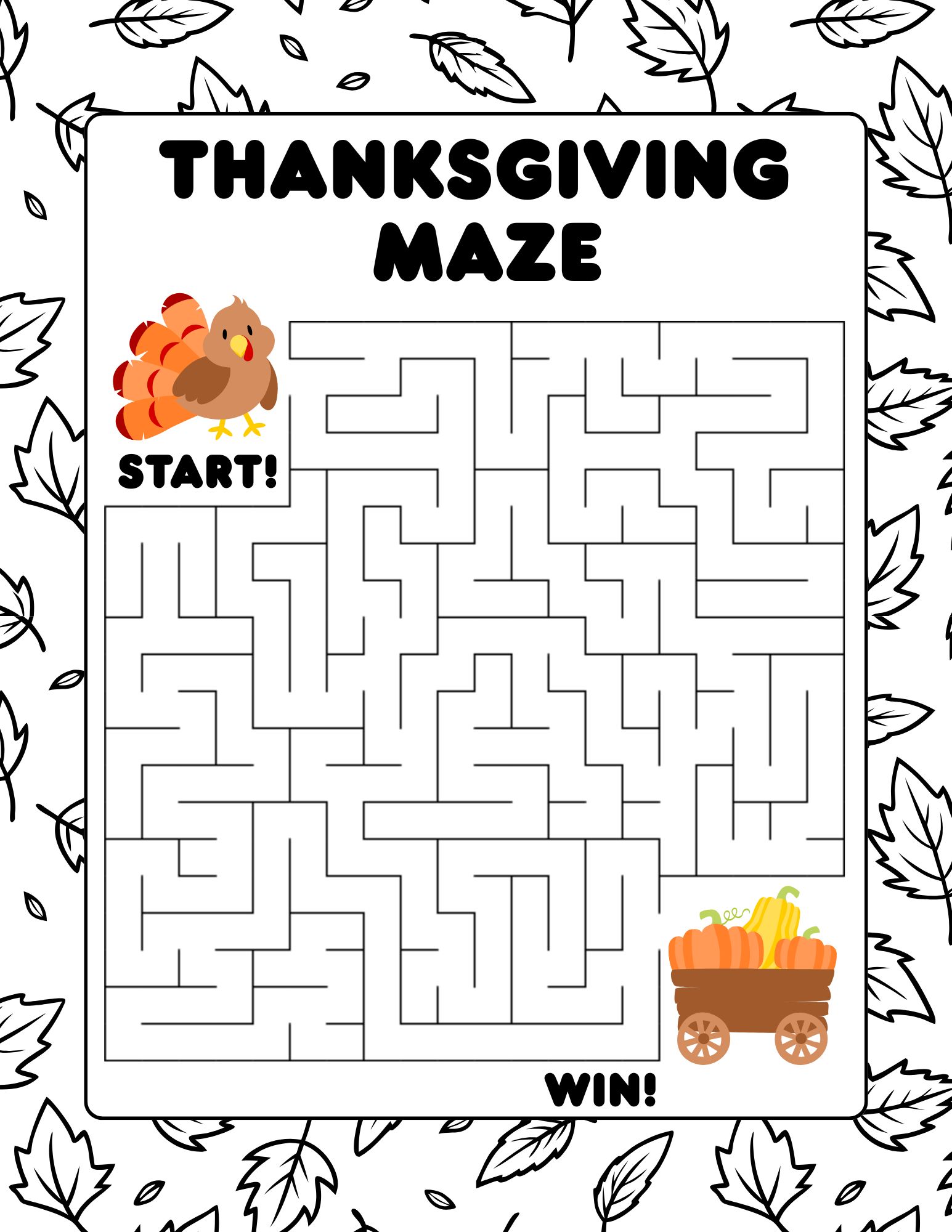 Medium printable Thanksgiving maze for kids with a turkey at the start and a cart of pumpkins at the finish on a black-and-white leaf border.
