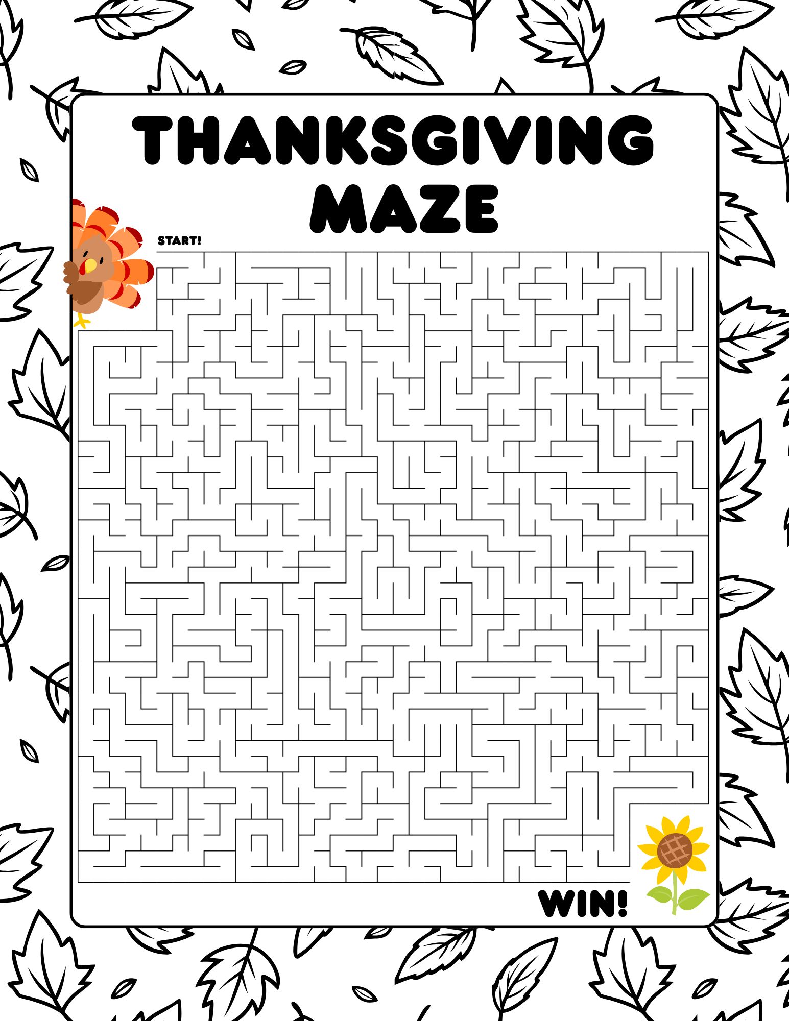 Hard printable Thanksgiving maze for older kids with a dense path from a turkey at the start to a sunflower at the finish on a black-and-white leaf border.