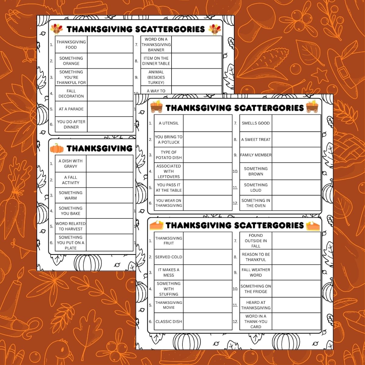Free printable Thanksgiving Scattergories game with 4 category sheets