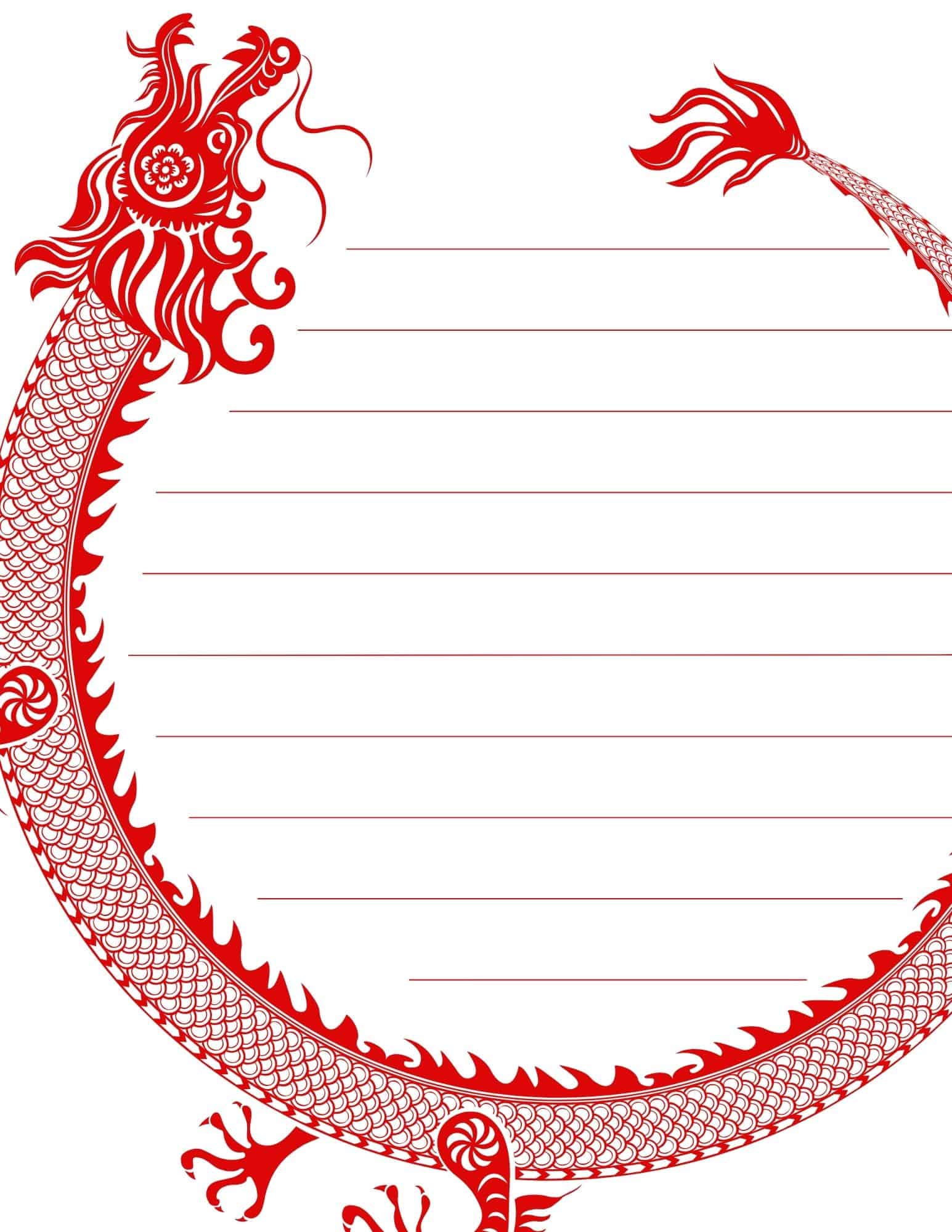 Red dragon line art on printable paper