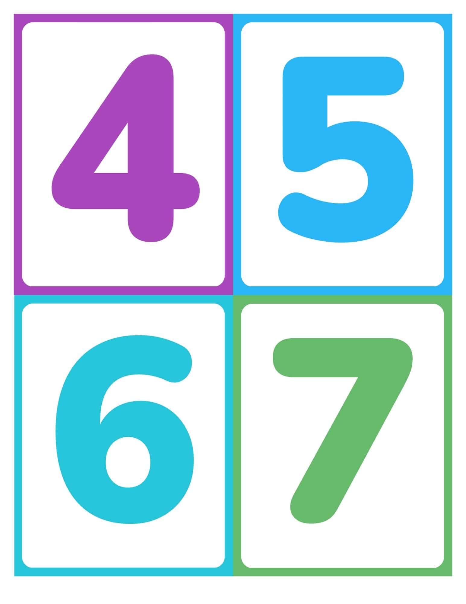 Number flashcards showing 4, 5, 6, and 7 without words