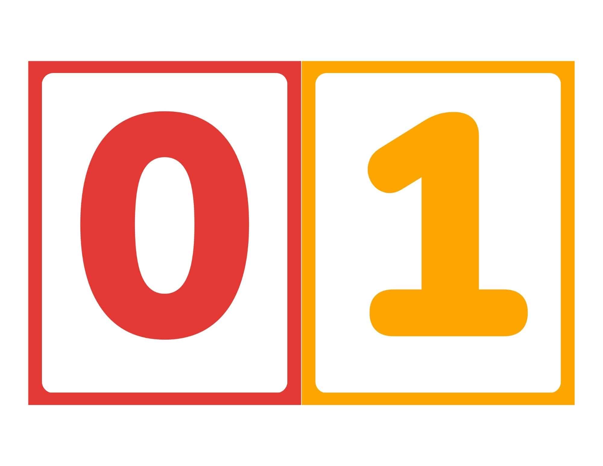 Number flashcards showing 0 and 1 without words