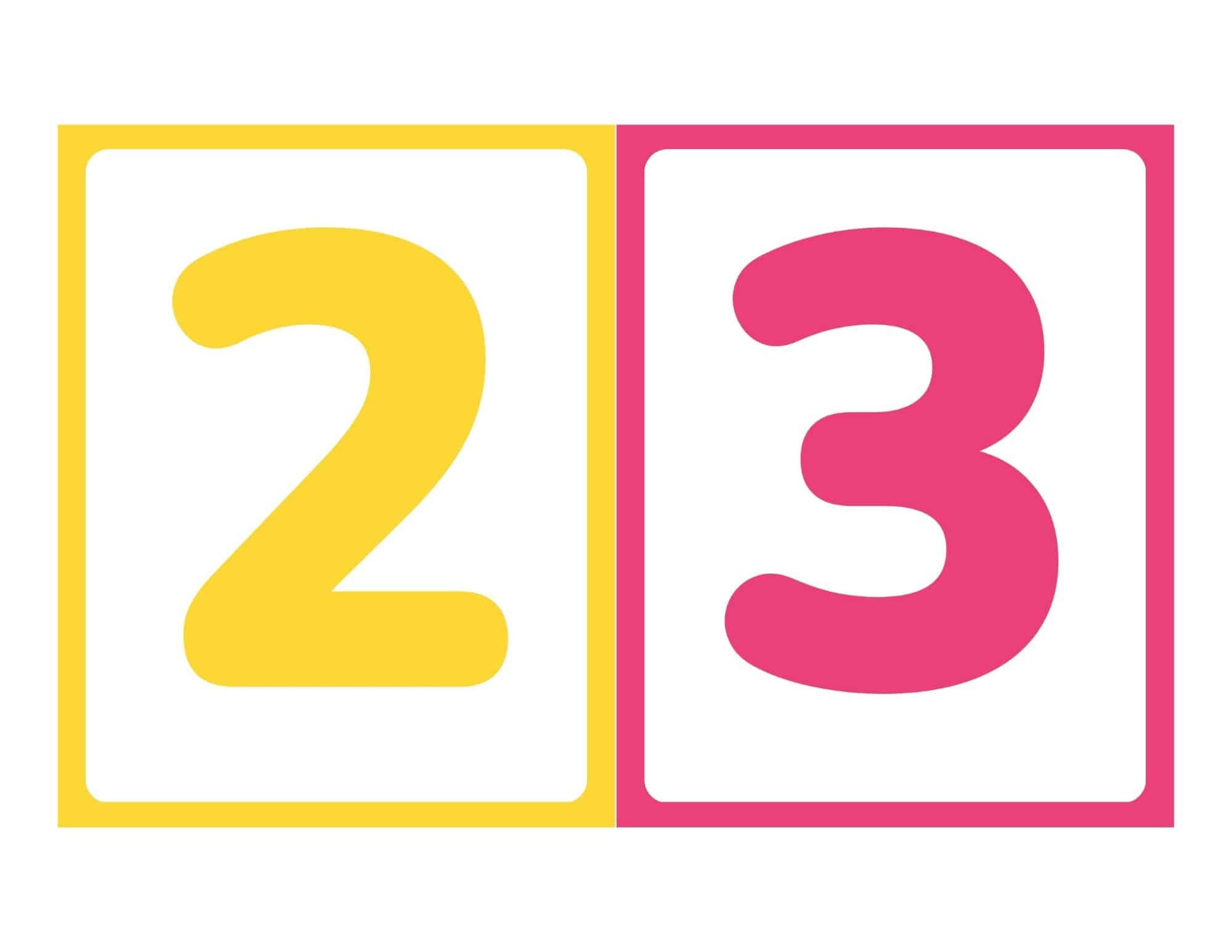 Number flashcards showing 2 and 3 without words