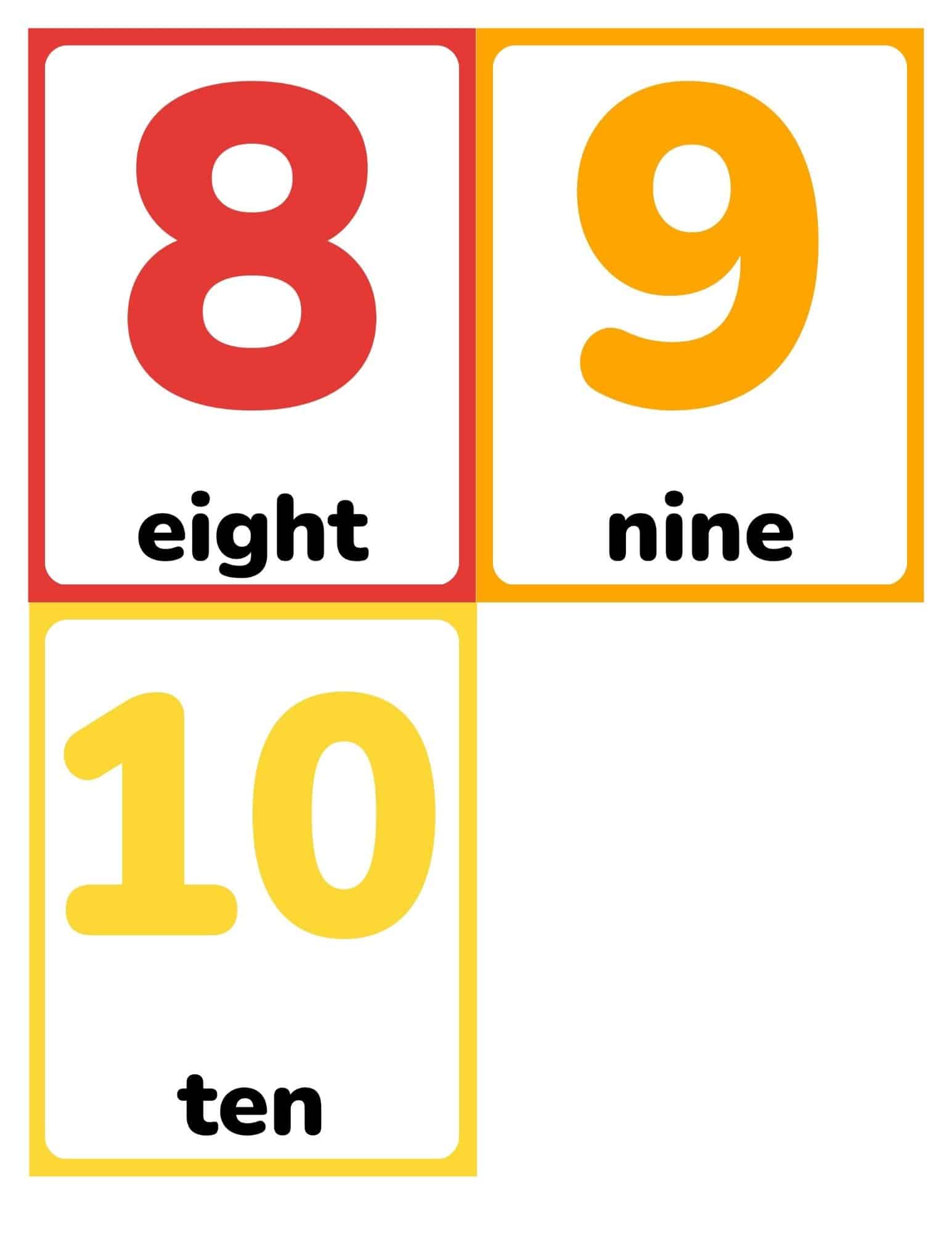 Number flashcards showing 8 to 10 with words