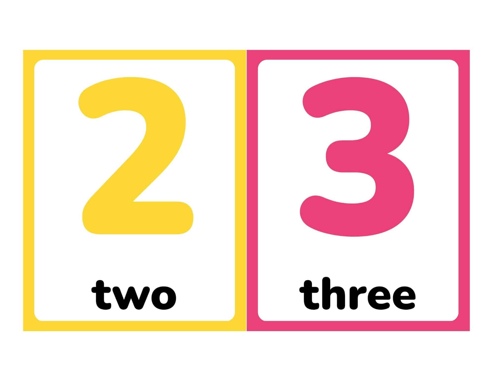 Flashcards for numbers 2 and 3 with words