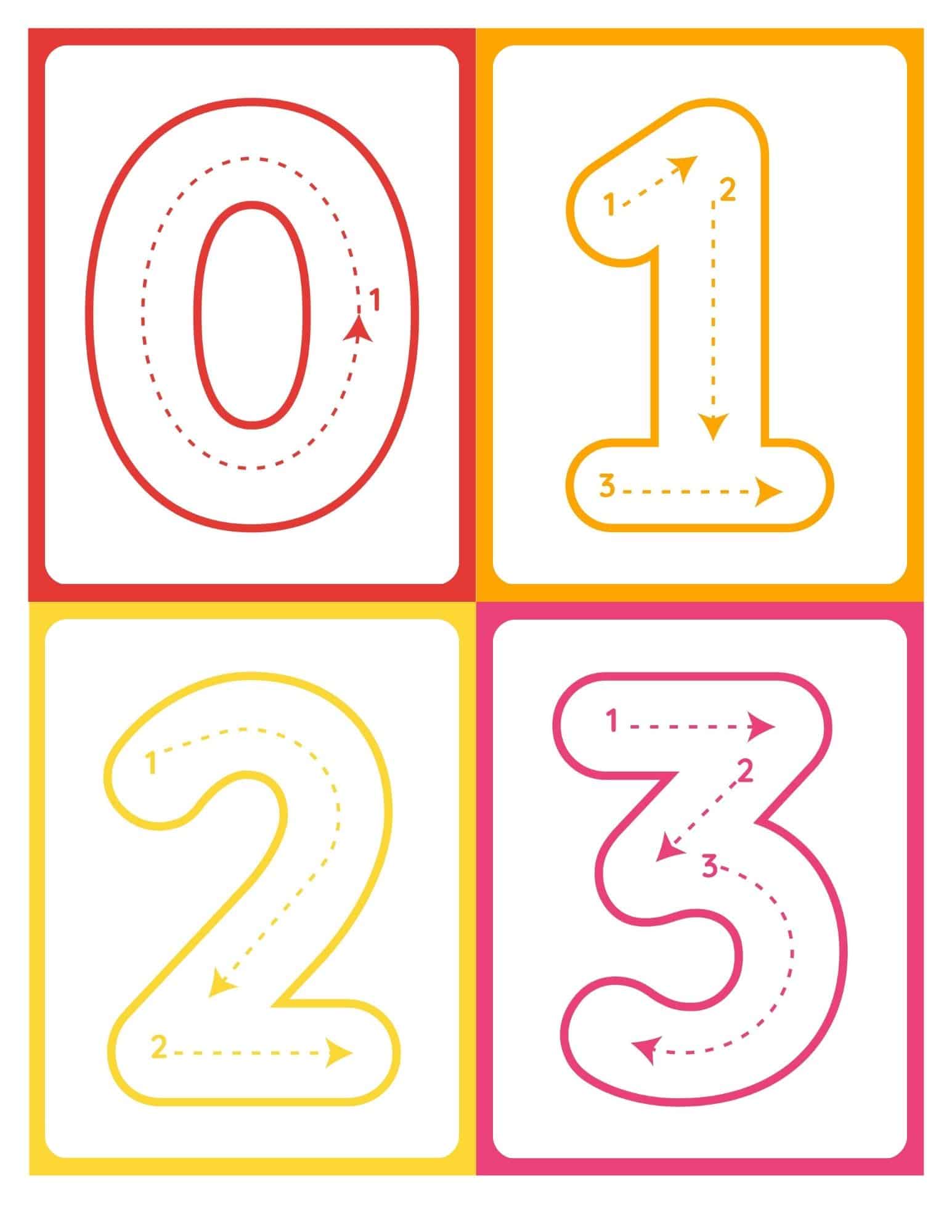 Printable number tracing flashcards with numbers 0 to 3