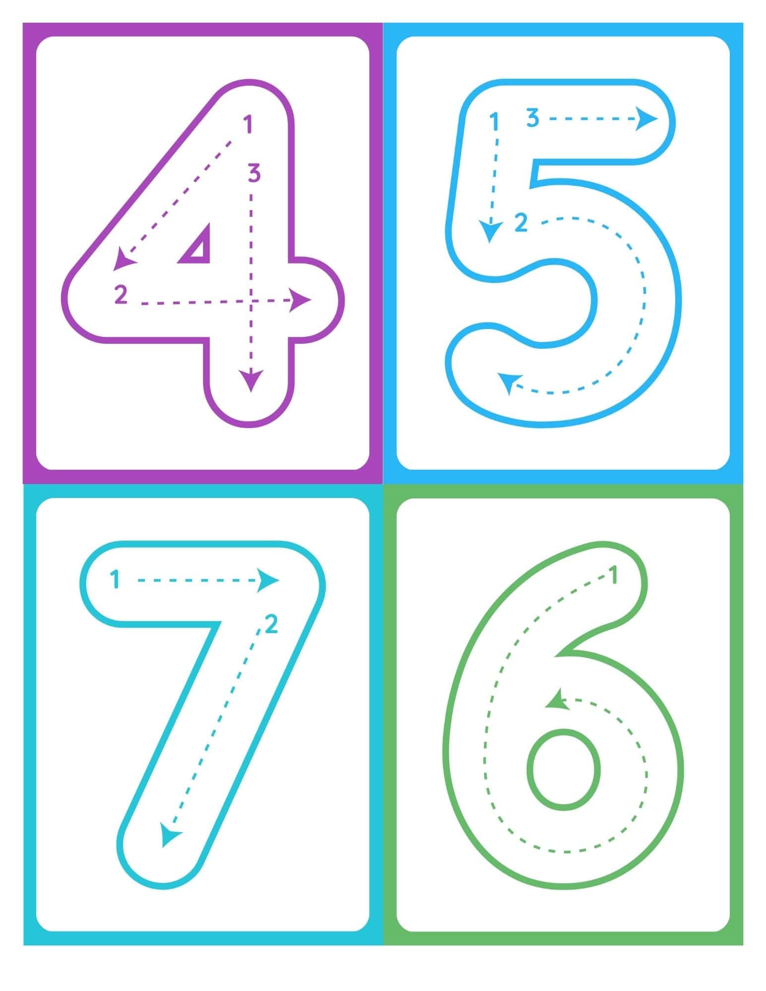 Printable number tracing flashcards with numbers 4, 5, 7, and 6