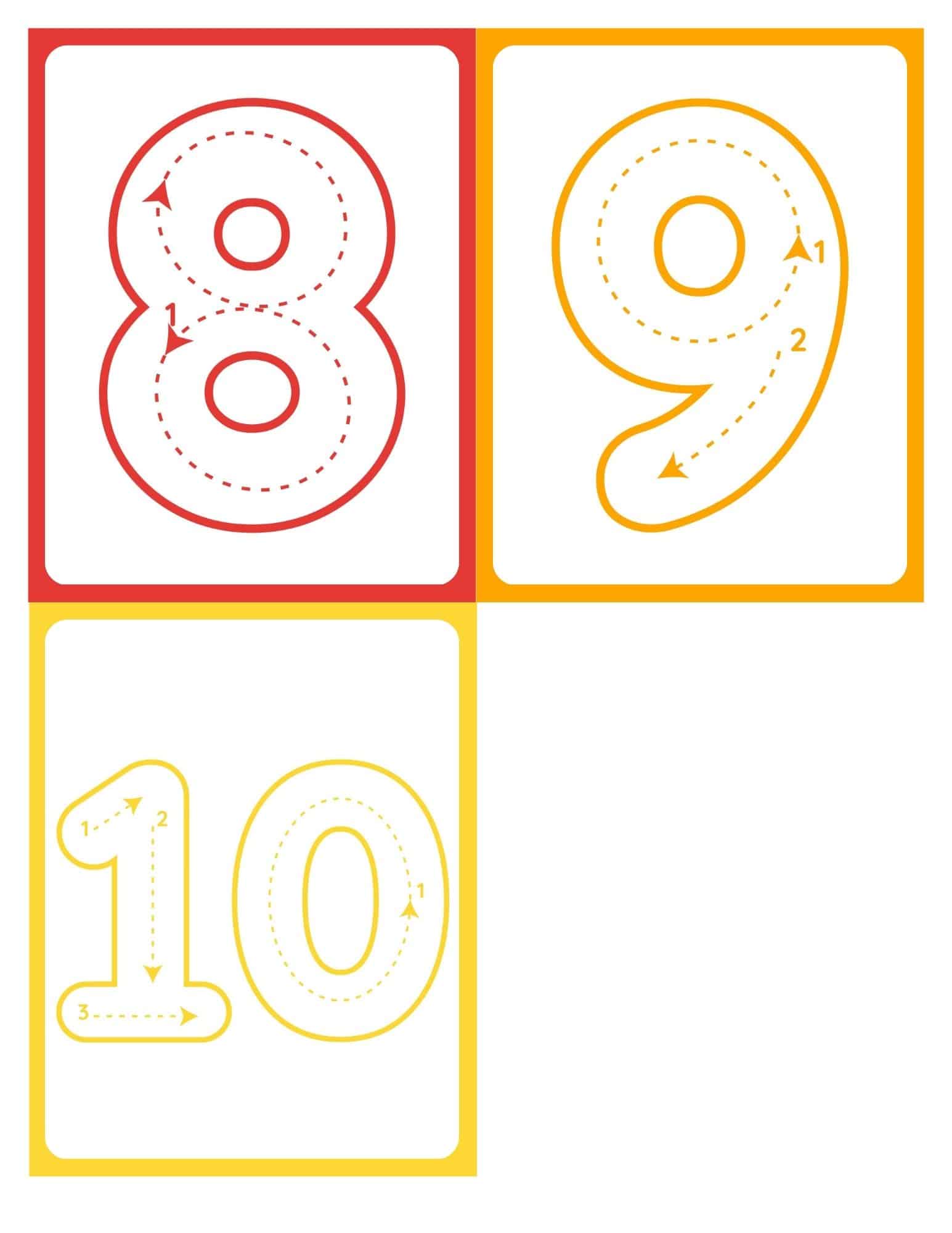 Printable number tracing flashcards with numbers 10, 3, and 2