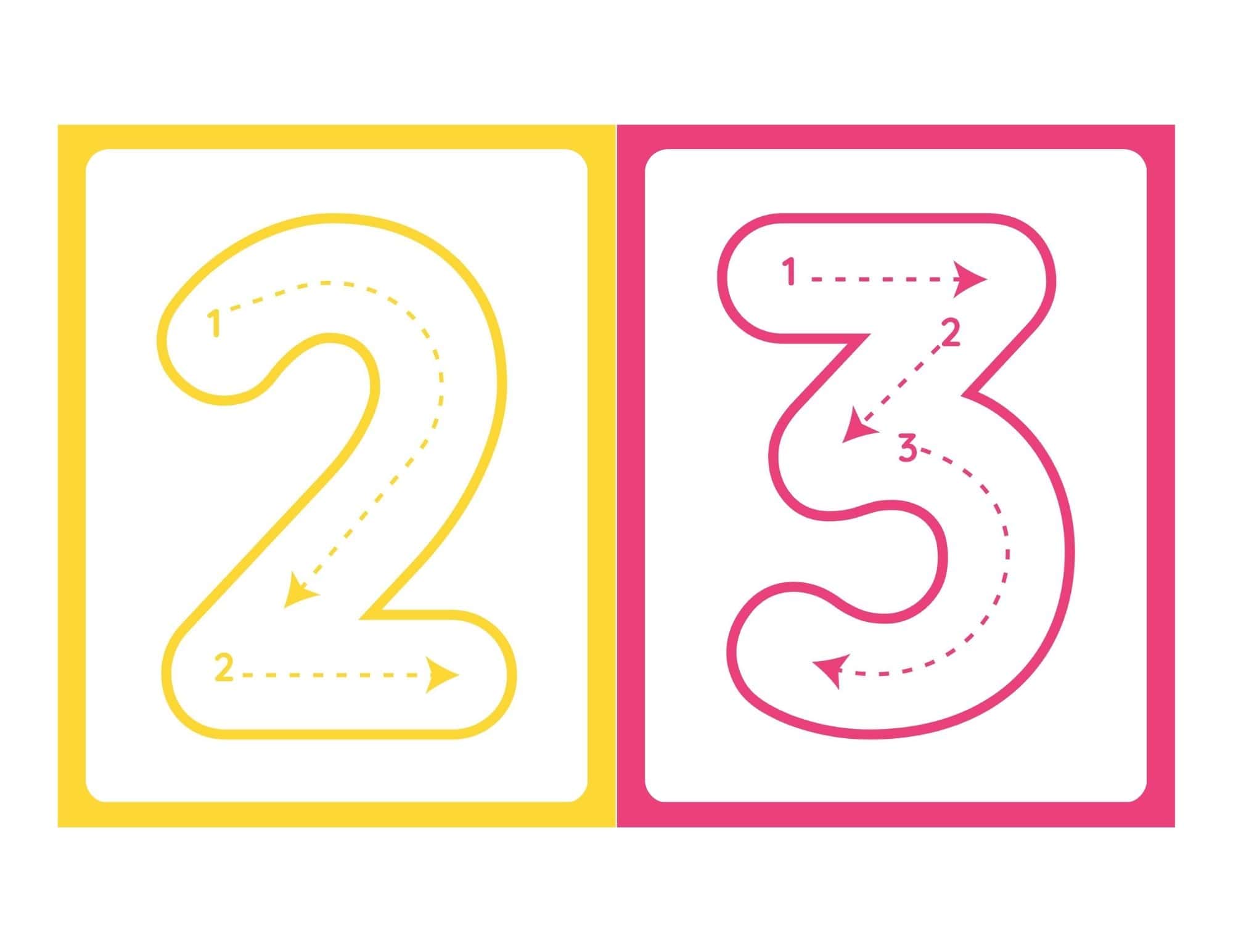 Printable number tracing flashcard with number 2 and 3