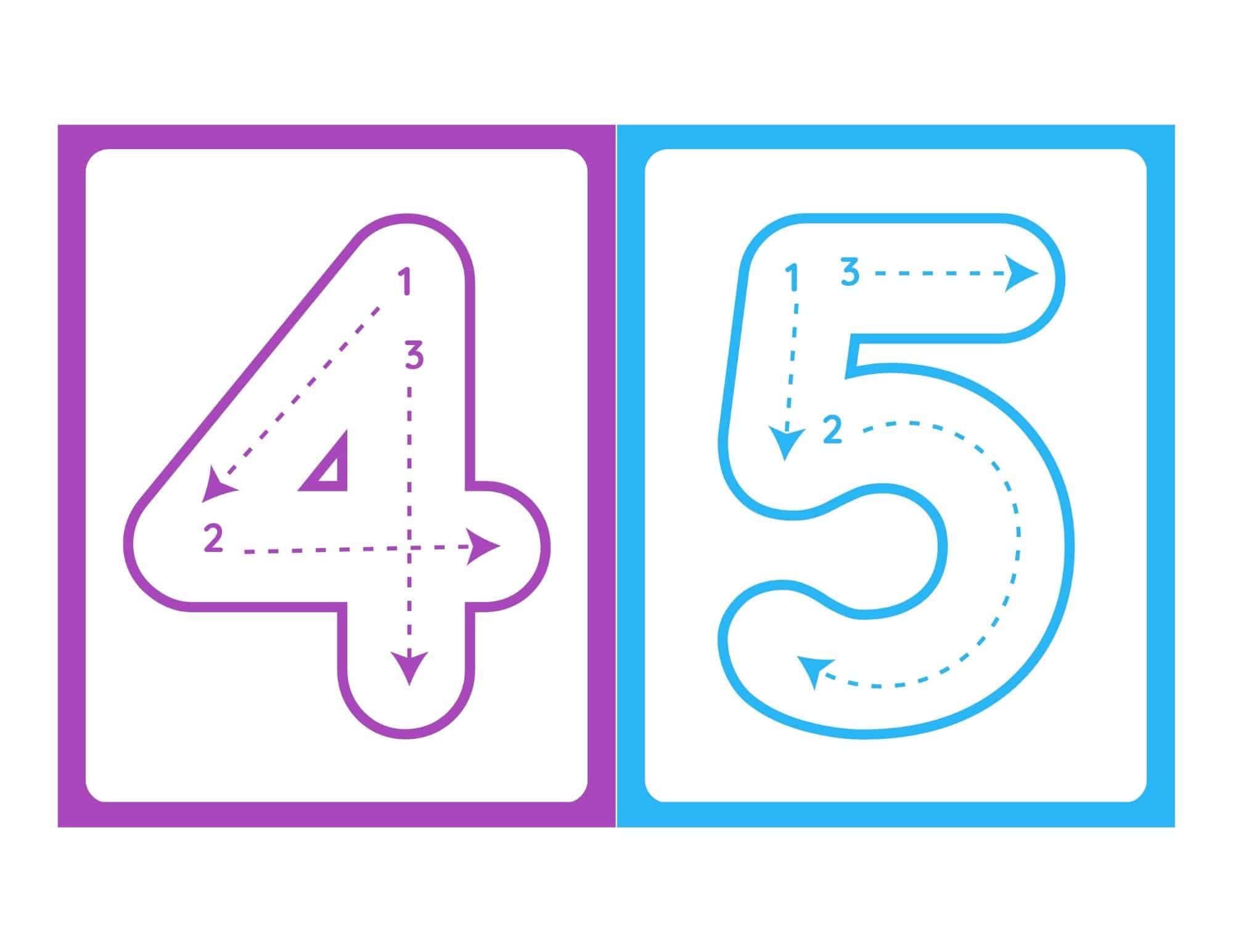 Printable number tracing flashcards with numbers 4 and 5