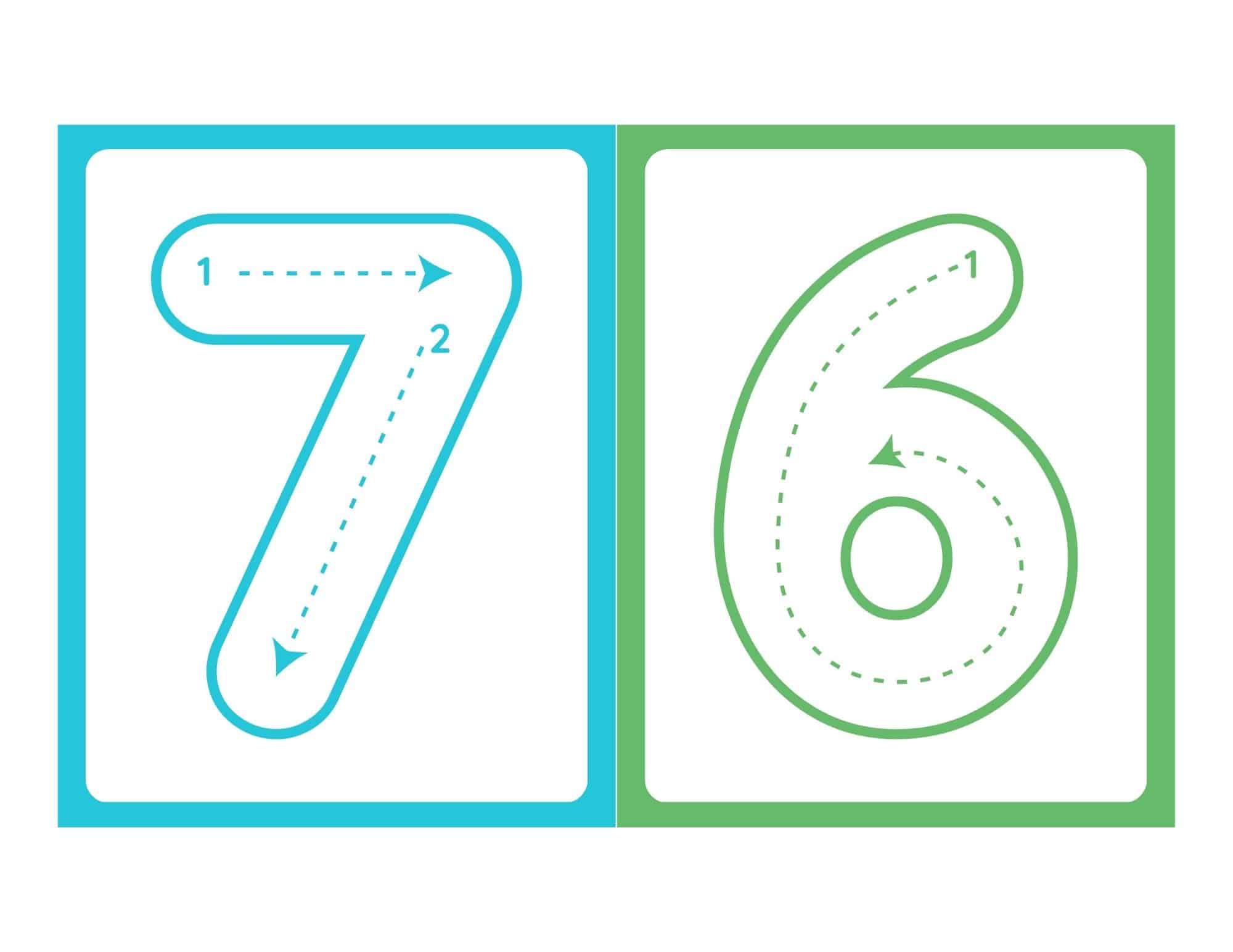 Printable number tracing flashcards with numbers 1, 2, and 7