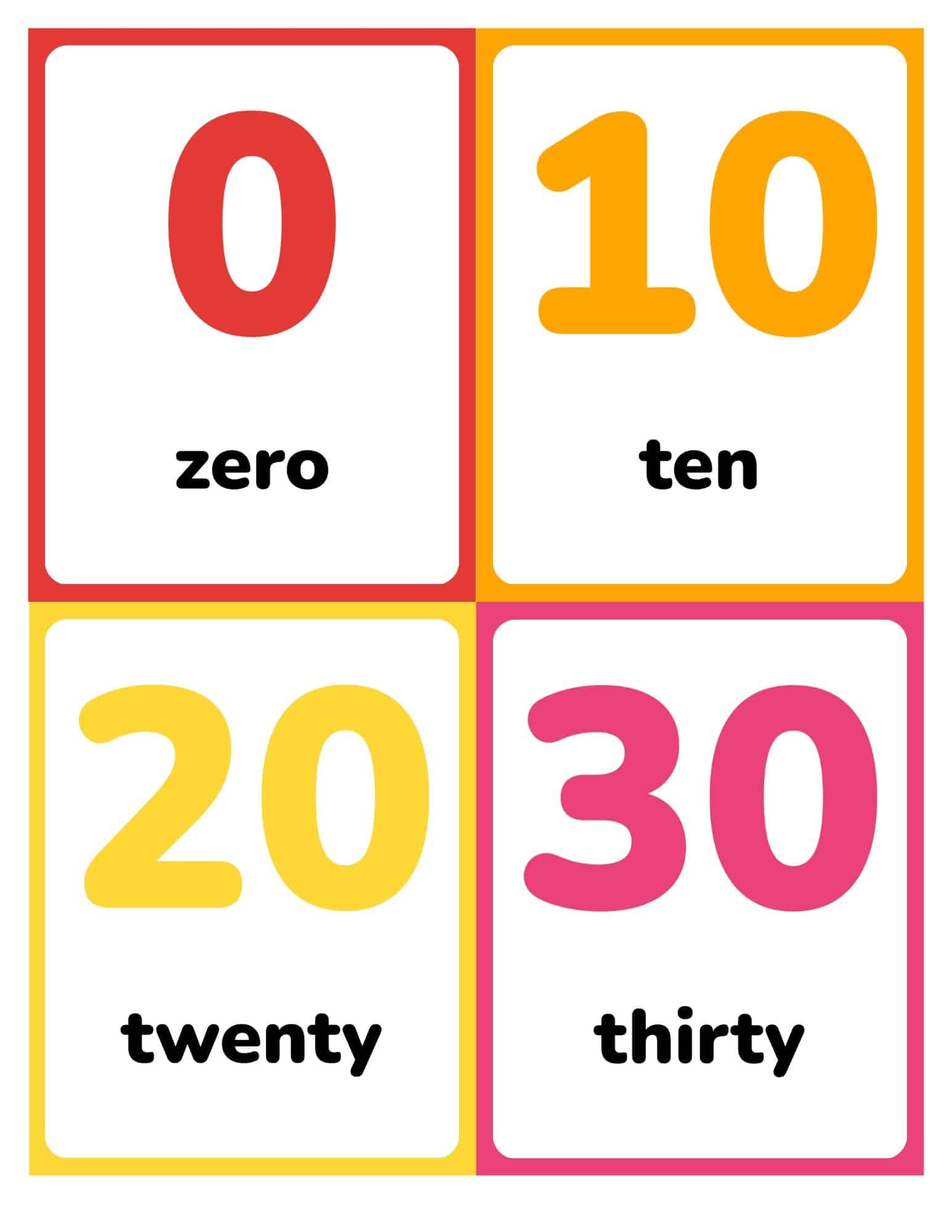 Flashcards showing numbers 0, 10, 20, and 30 with words zero to thirty