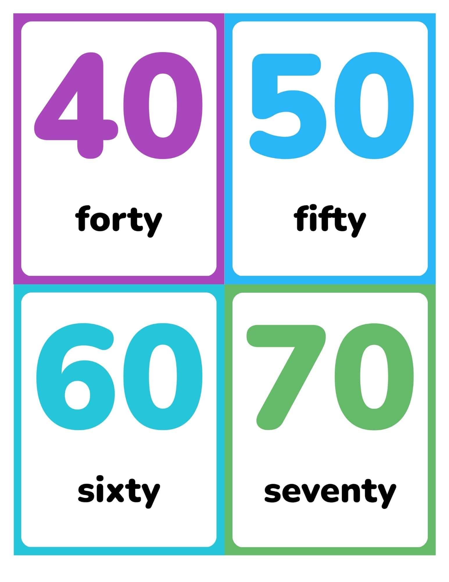Flashcards showing numbers 40, 50, 60, and 70 with words forty to seventy