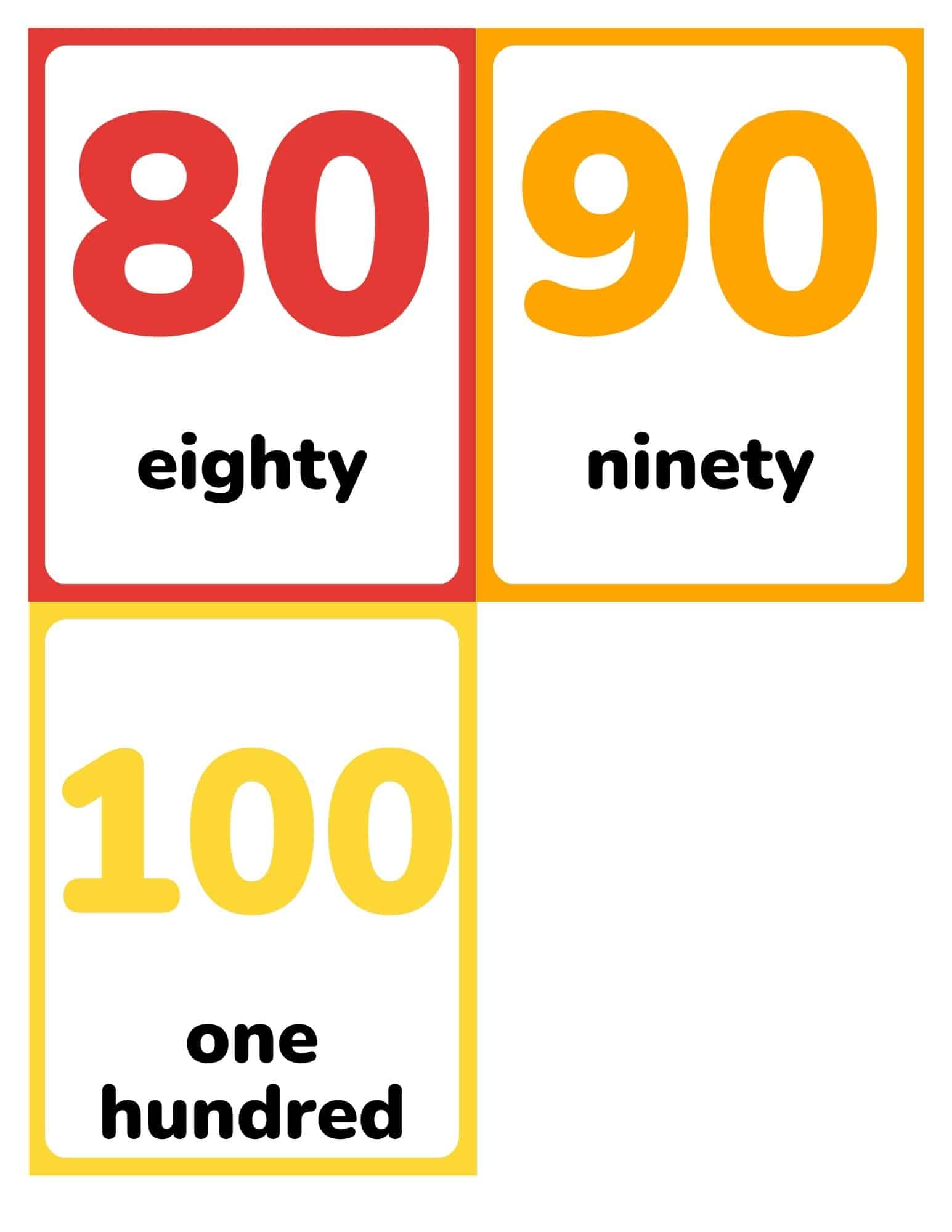 Flashcards showing numbers 80, 90, and 100 with words eighty to one hundred