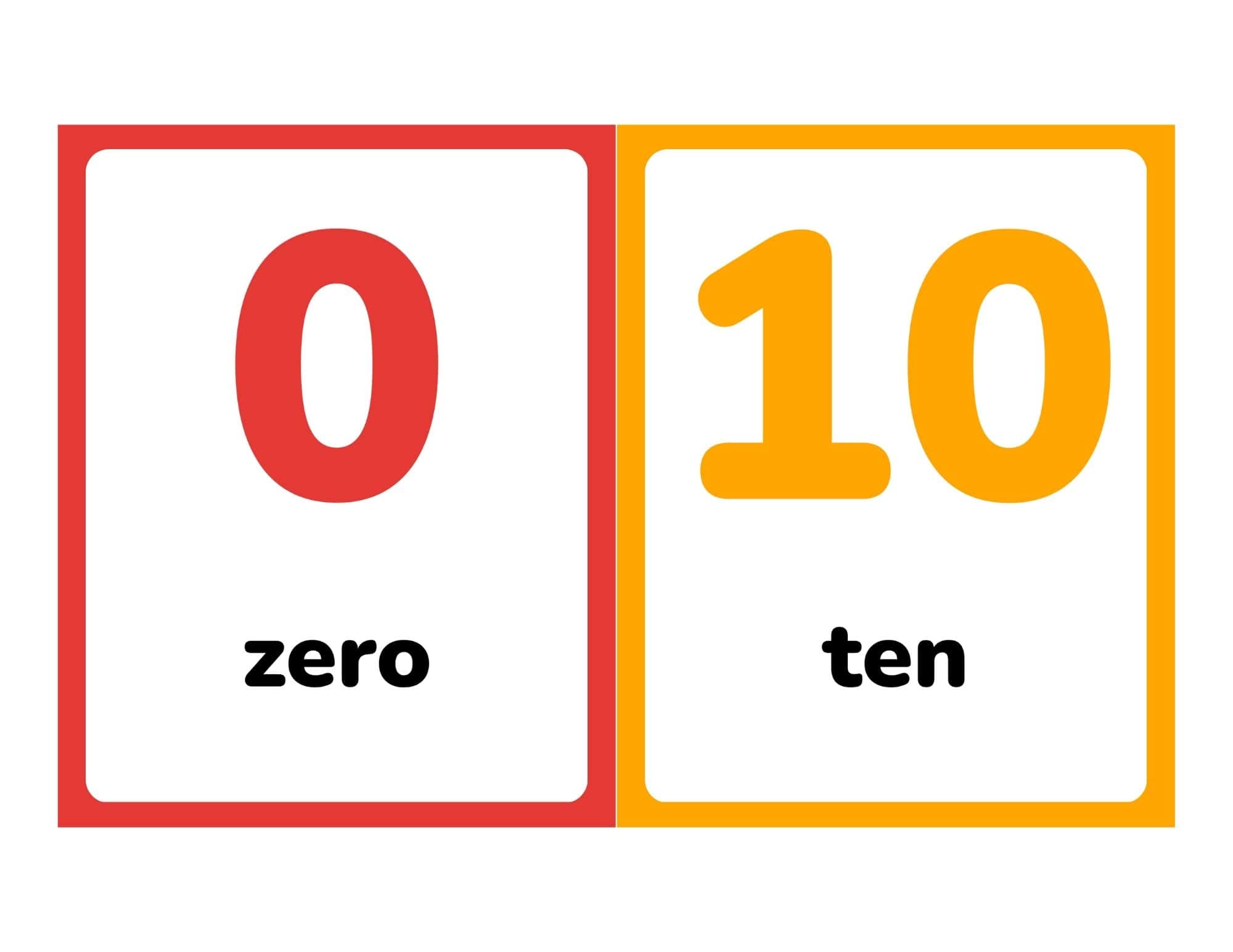 Flashcards showing numbers 0 and 10 with words zero and ten