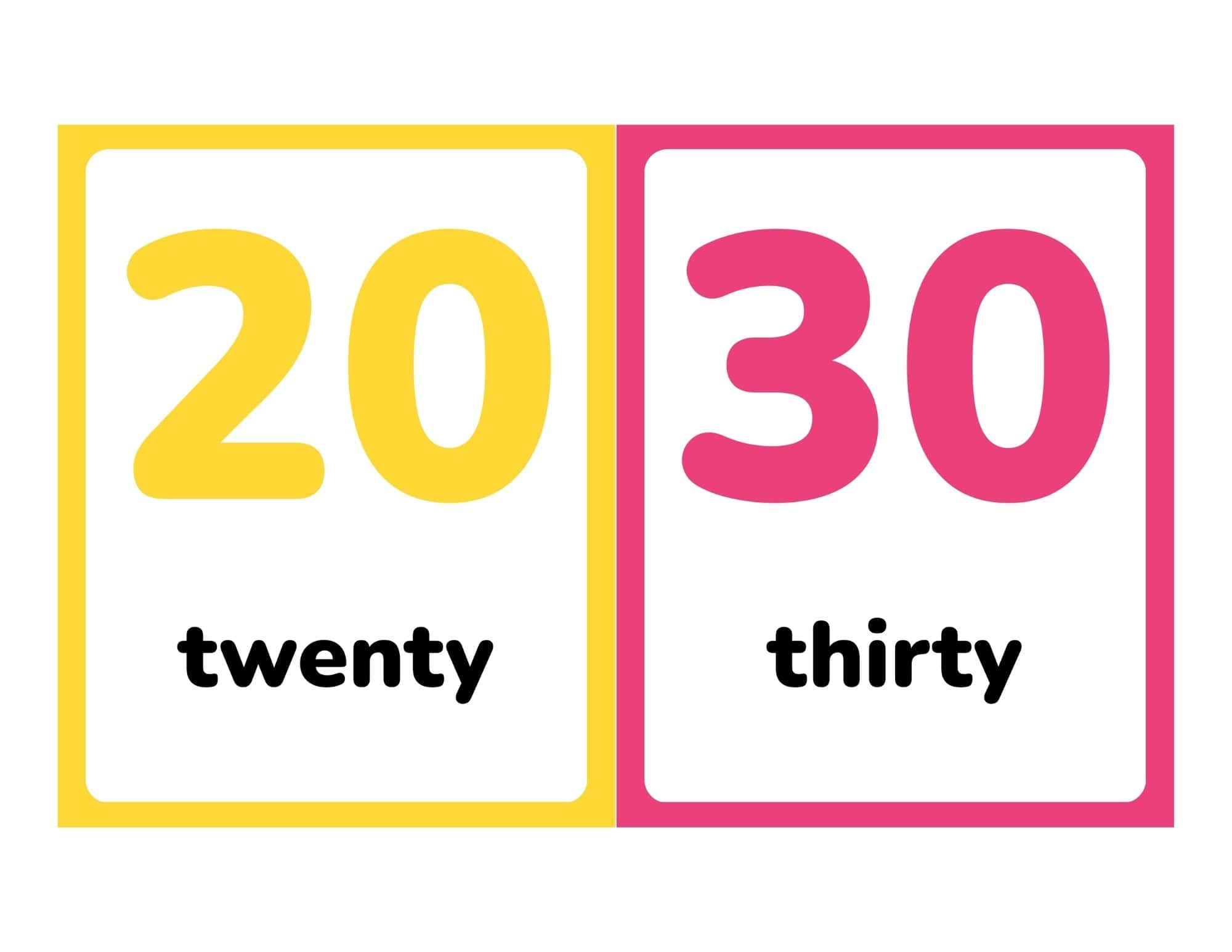 Flashcards showing numbers 20 and 30 with words twenty and thirty