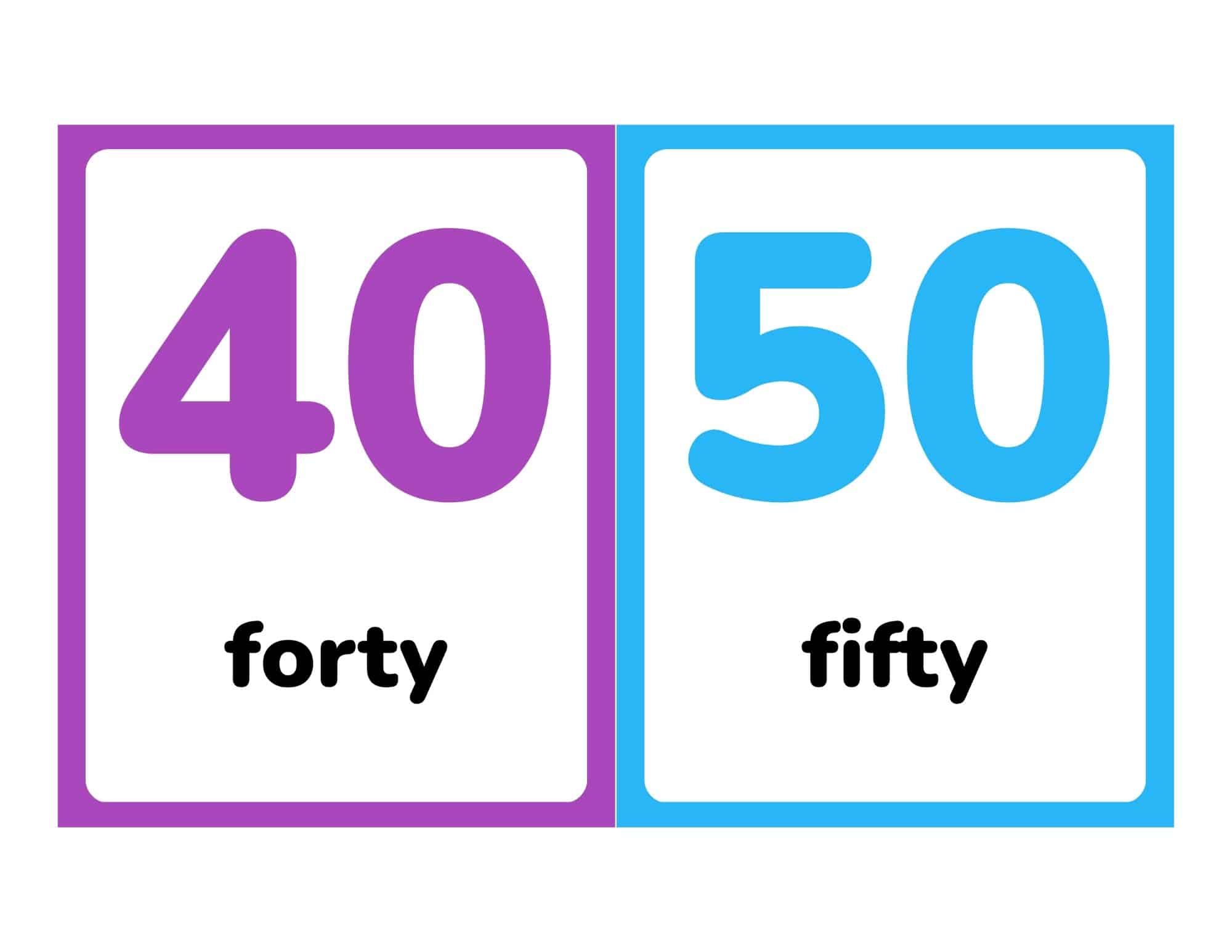 Flashcards showing numbers 40 and 50 with words forty and fifty