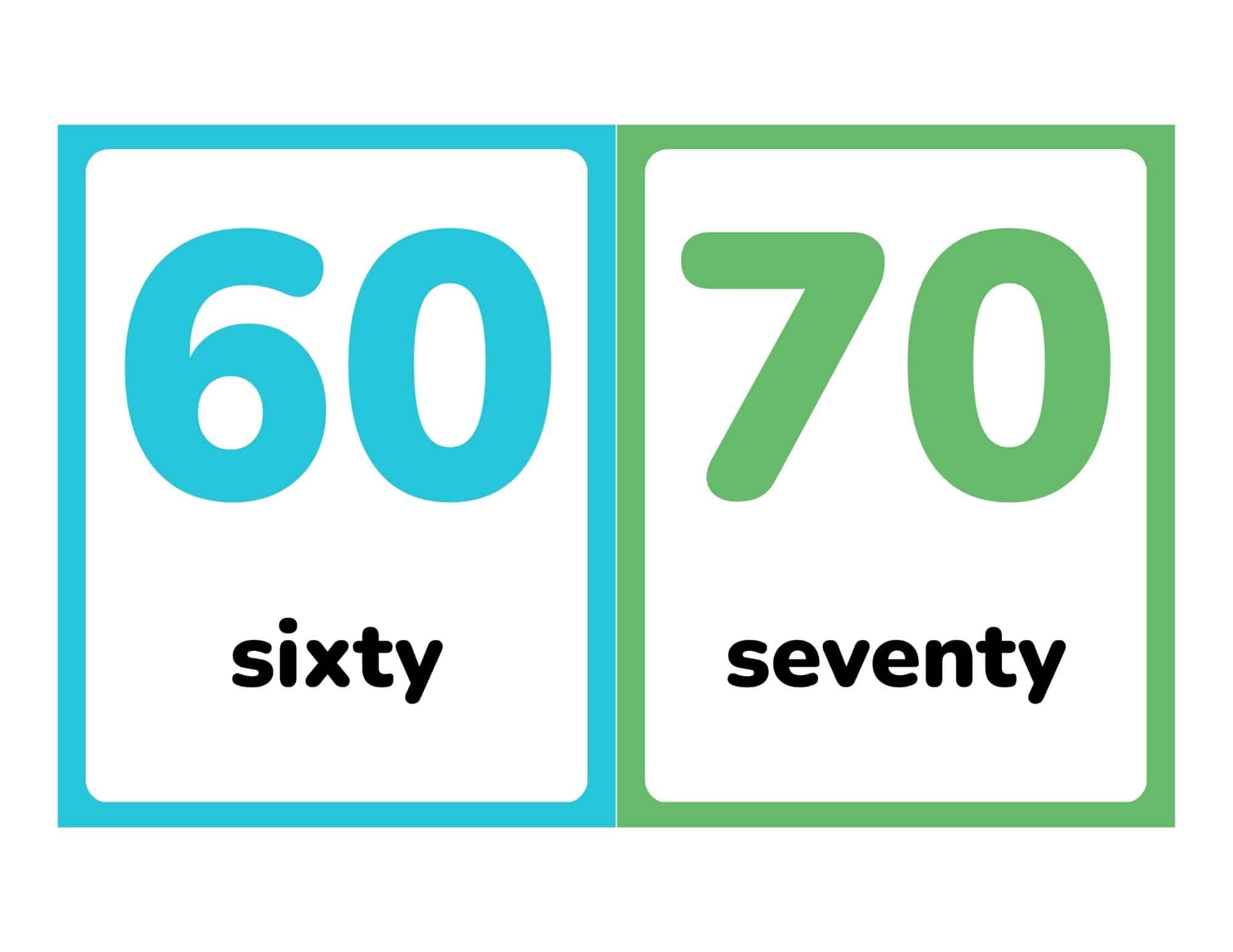 Flashcards showing numbers 60 and 70 with words sixty and seventy