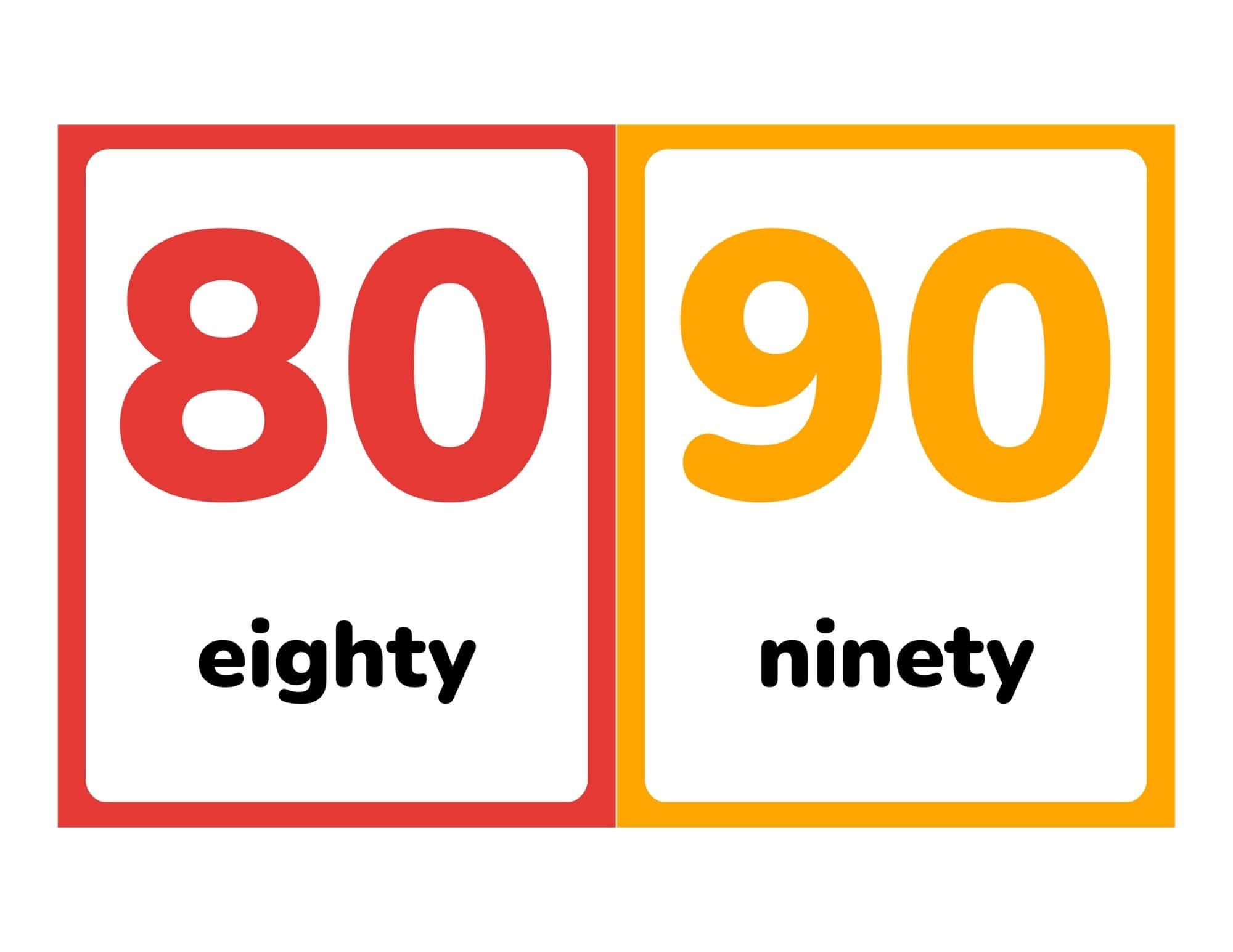 Flashcards showing numbers 80 and 90 with words eighty and ninety
