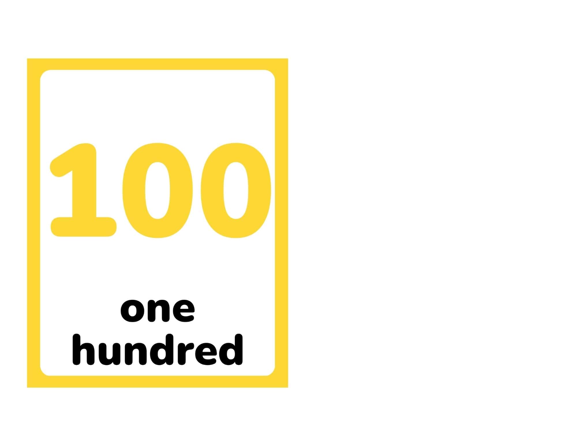 Flashcard showing number 100 with the word one hundred