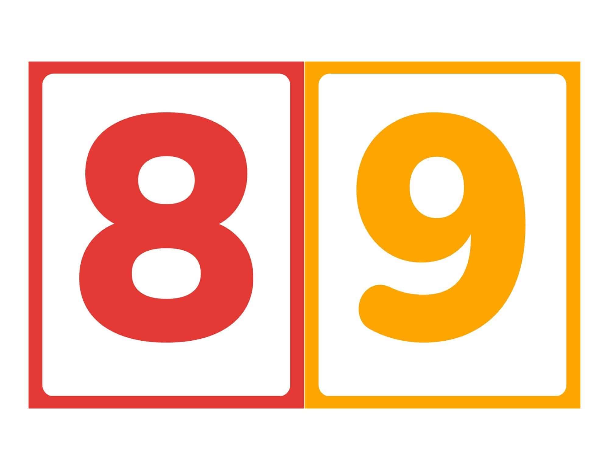 Number flashcards showing 8 and 9 without words