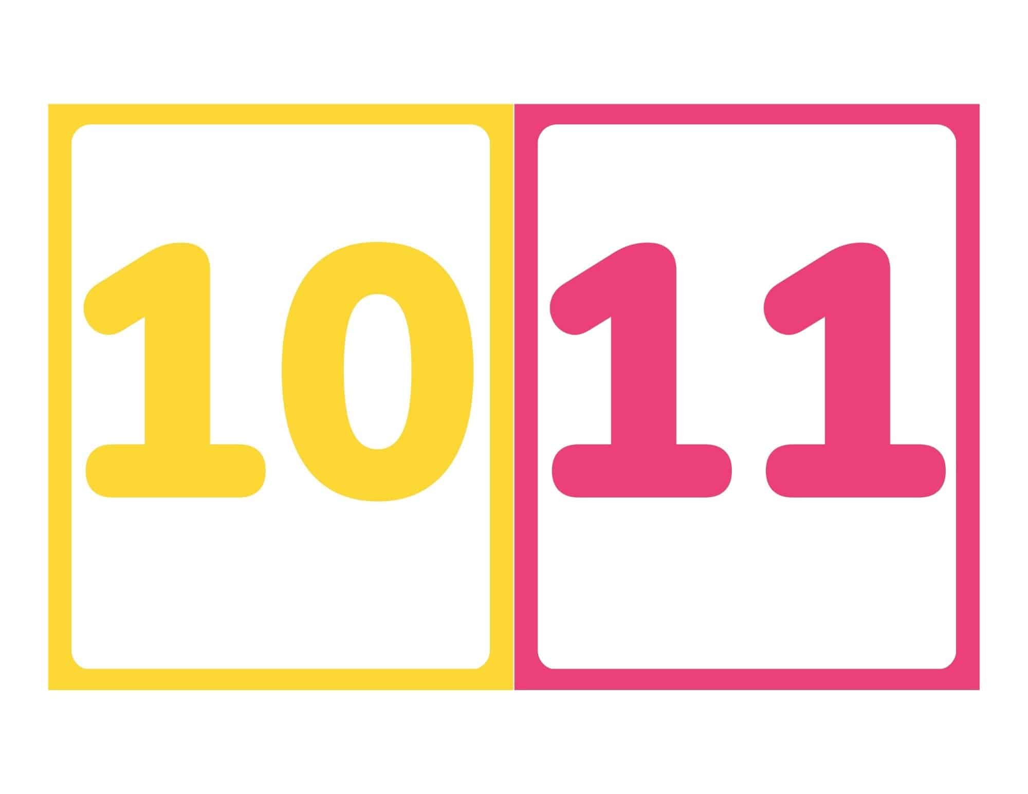 Number flashcards showing 10 and 11 without words