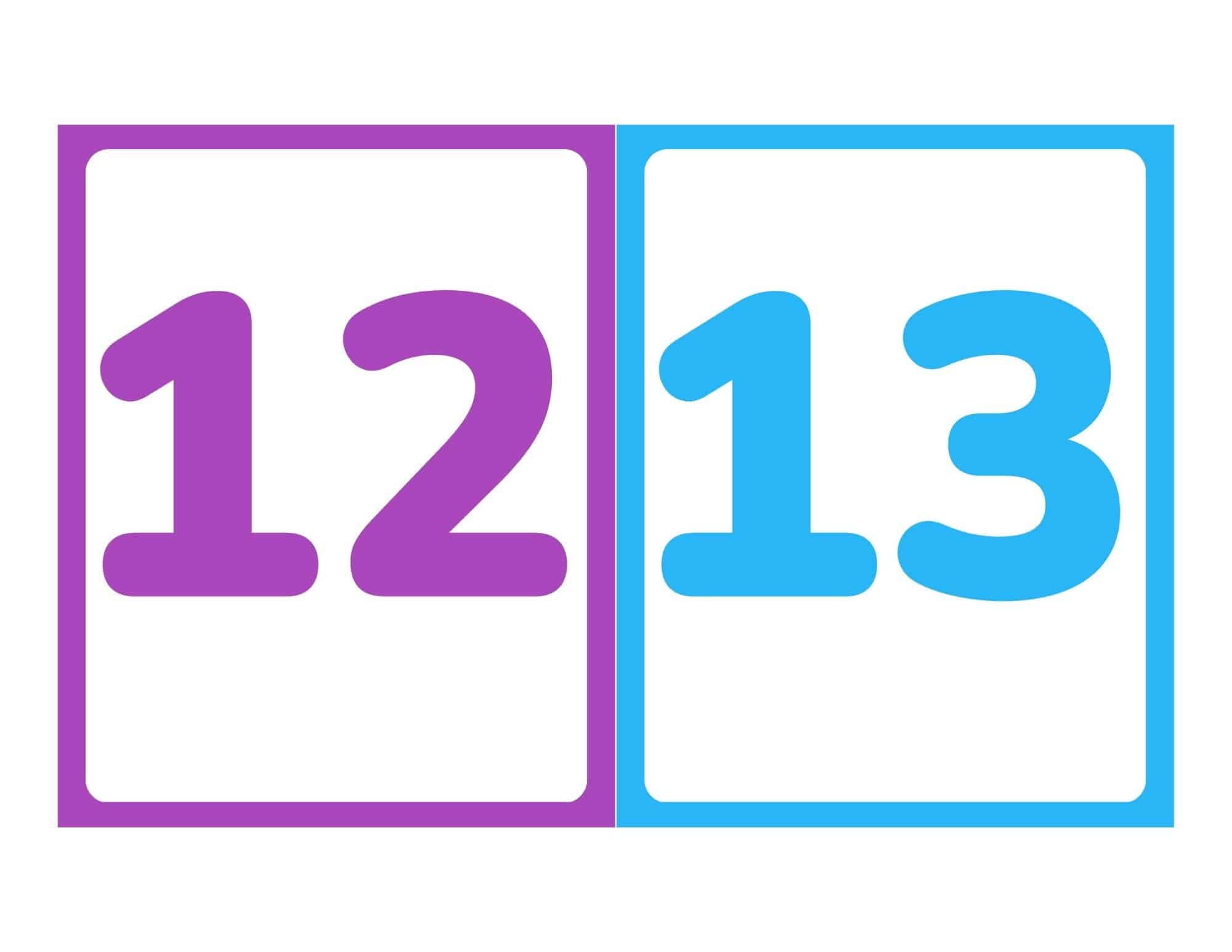 Number flashcards showing 12 and 13 without words