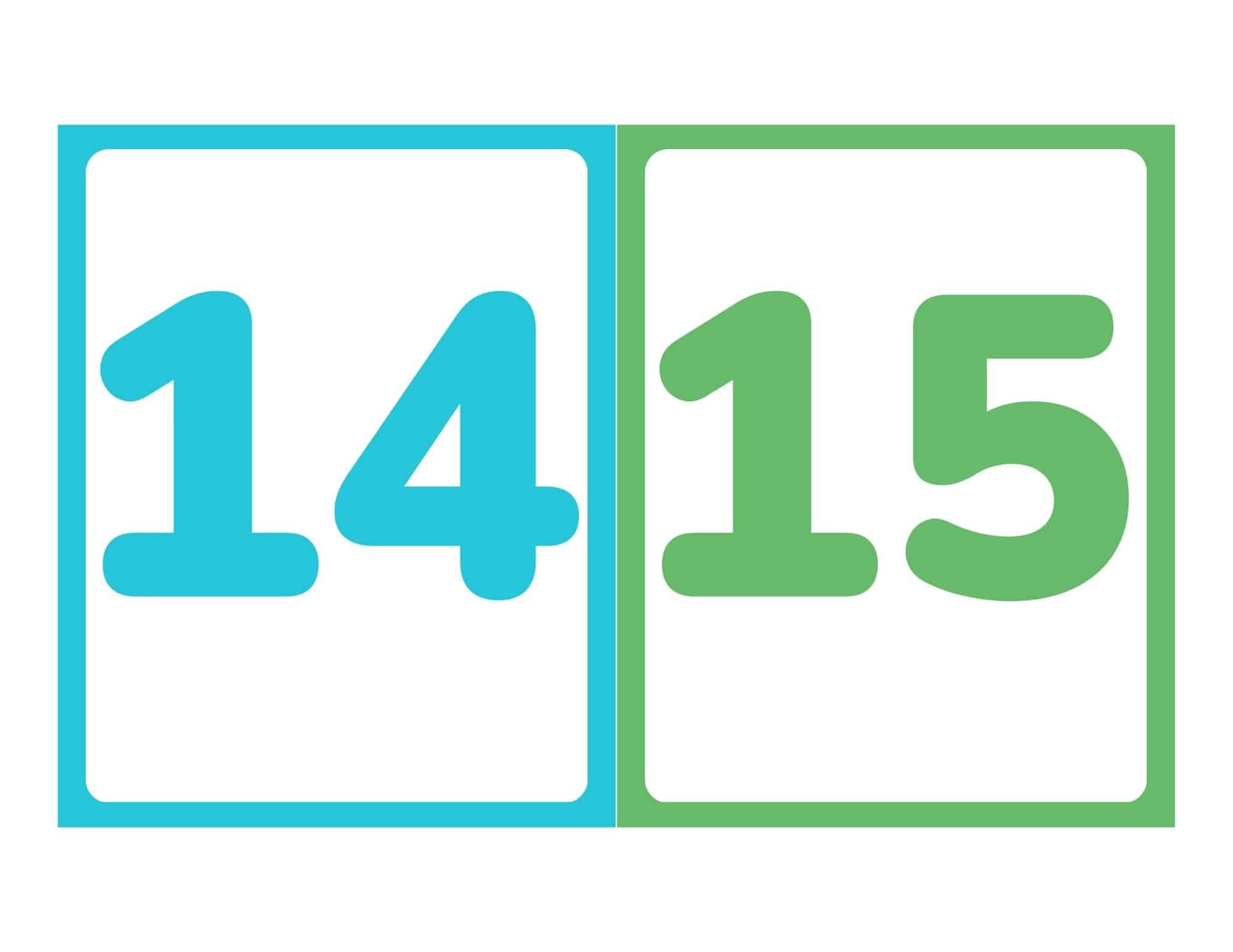 Number flashcards showing 14 and 15 without words