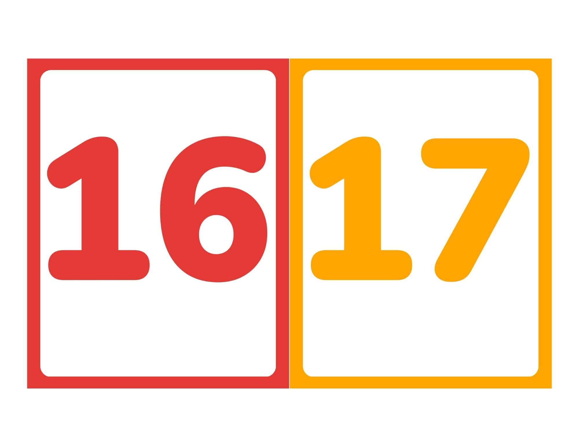 Number flashcards showing 16 and 17 without words
