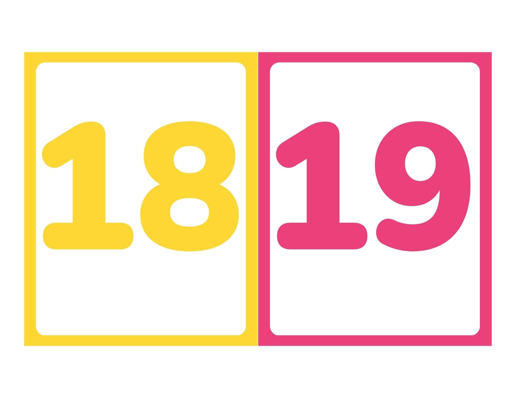 Number flashcards showing 18 and 19 without words