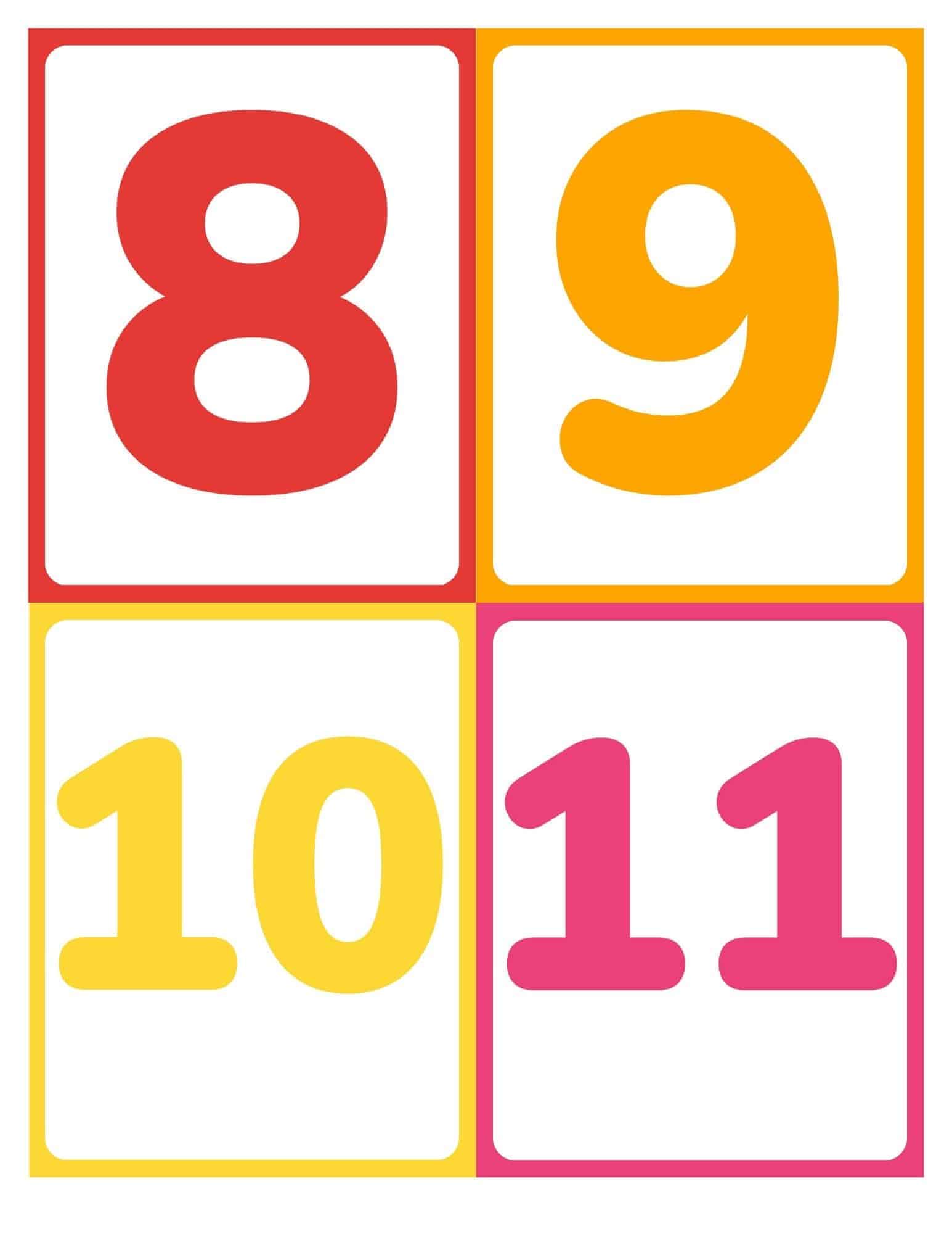 Number flashcards showing 8, 9, 10, and 11 without words