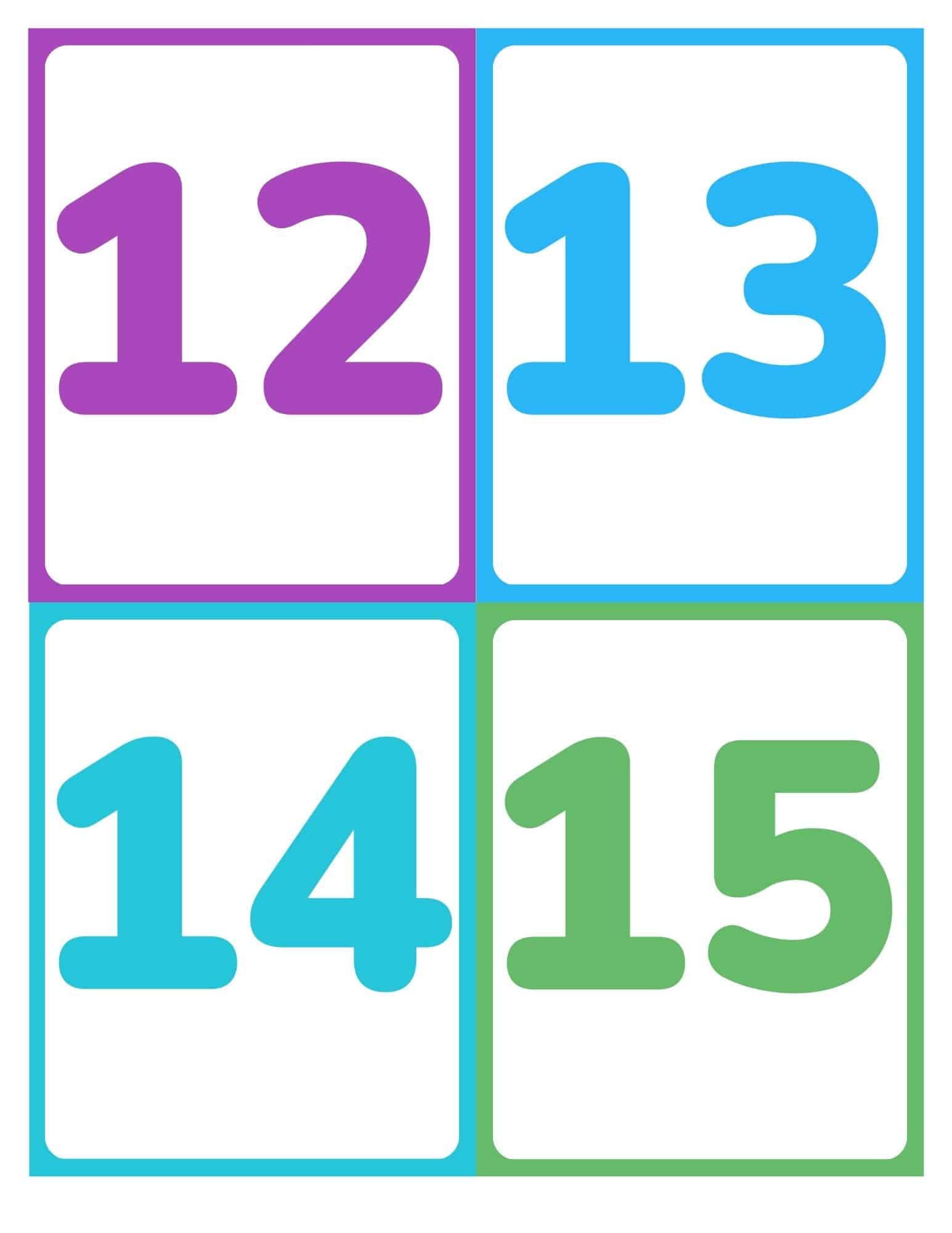 Number flashcards showing 12, 13, 14, and 15 without words