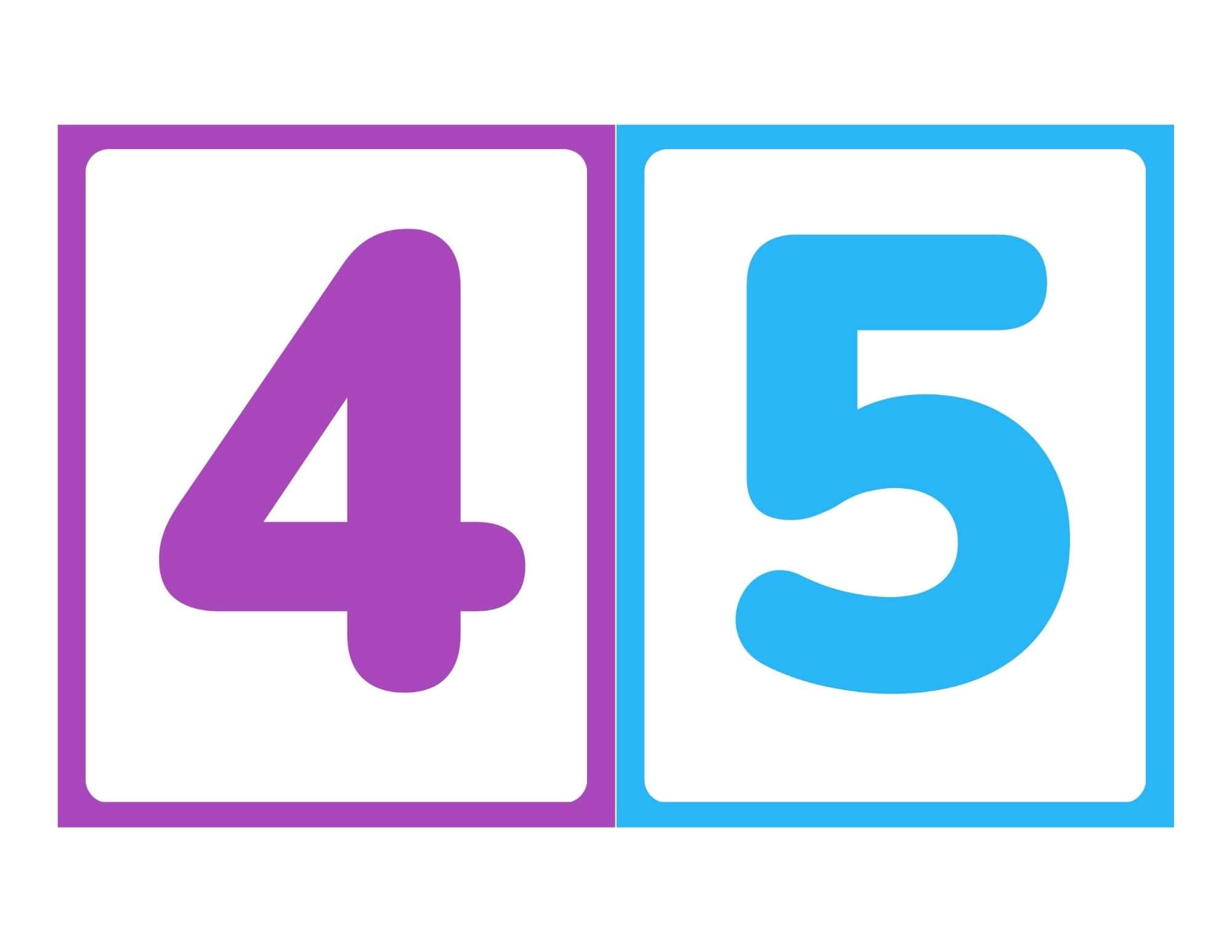 Number flashcards showing 4 and 5 without words