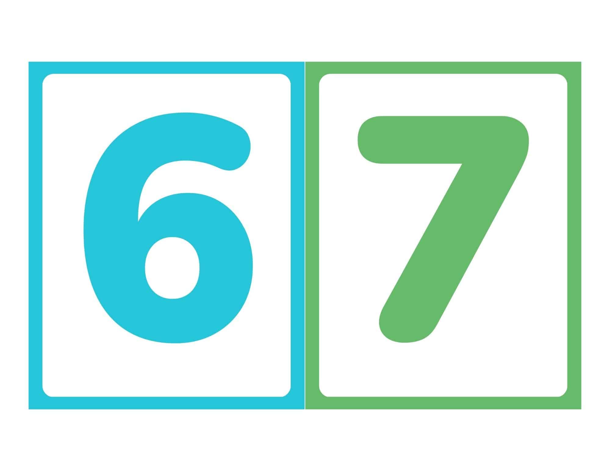 Number flashcards showing 6 and 7 without words