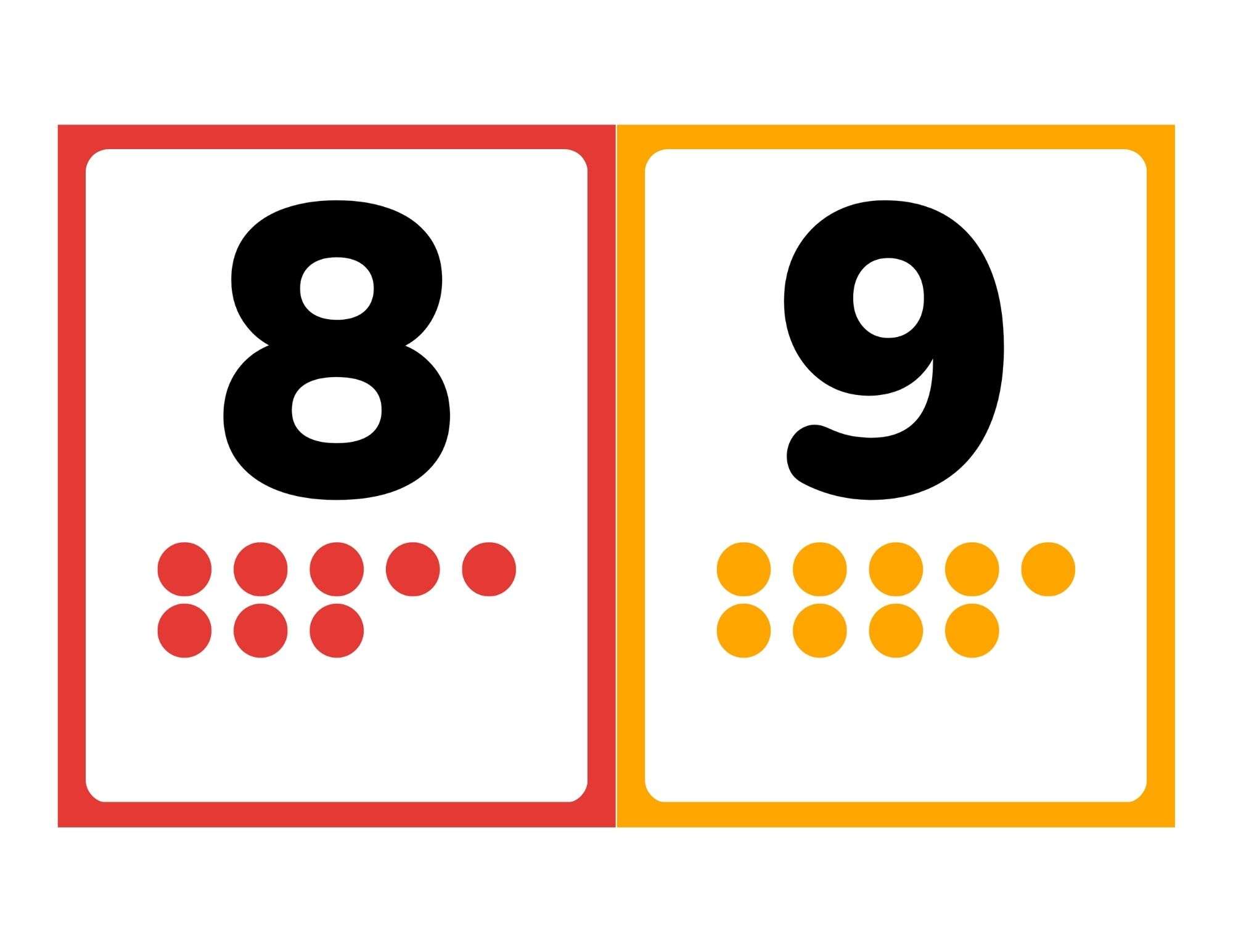 Number flashcards 8 and 9 with pictures