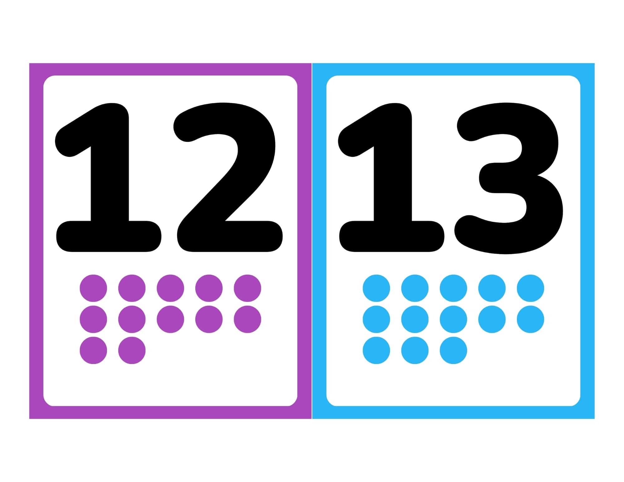 Number flashcards 12 and 13 with pictures