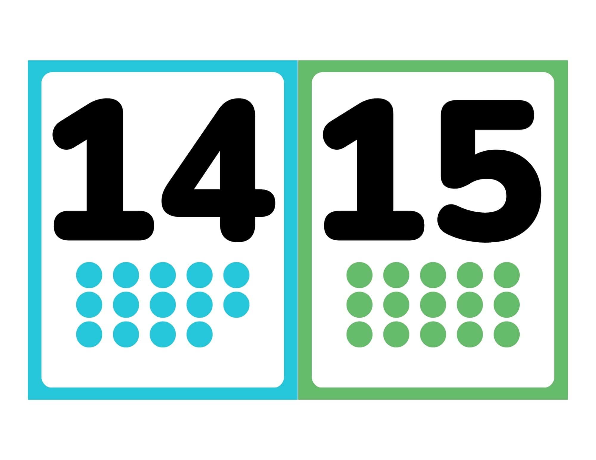Number flashcards 14 and 15 with pictures