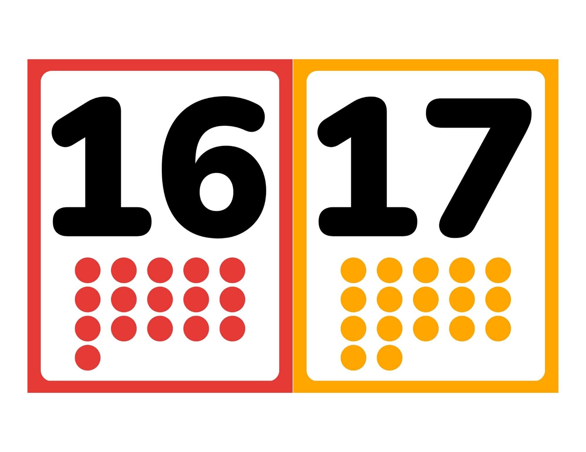 Number flashcards 16 and 17 with pictures