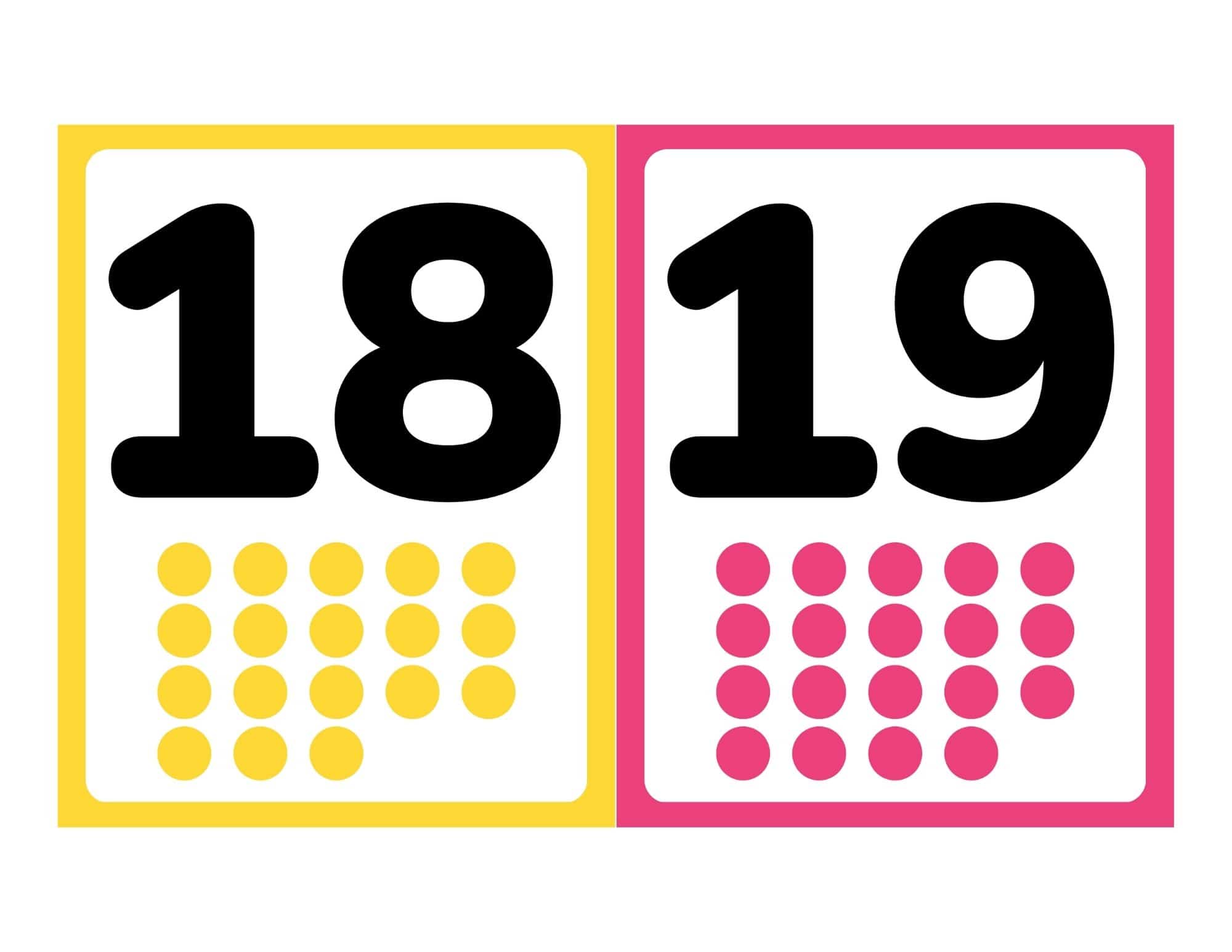 Number flashcards 18 and 19 with pictures