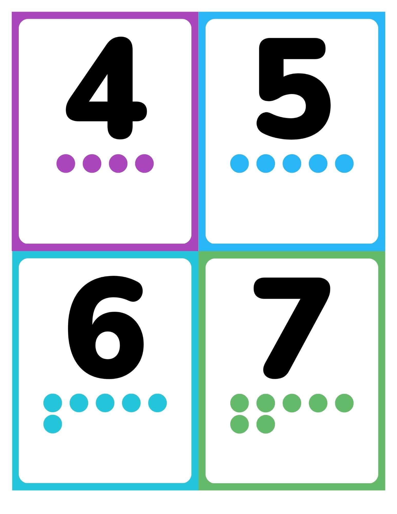 Number flashcards 4 to 7 with pictures