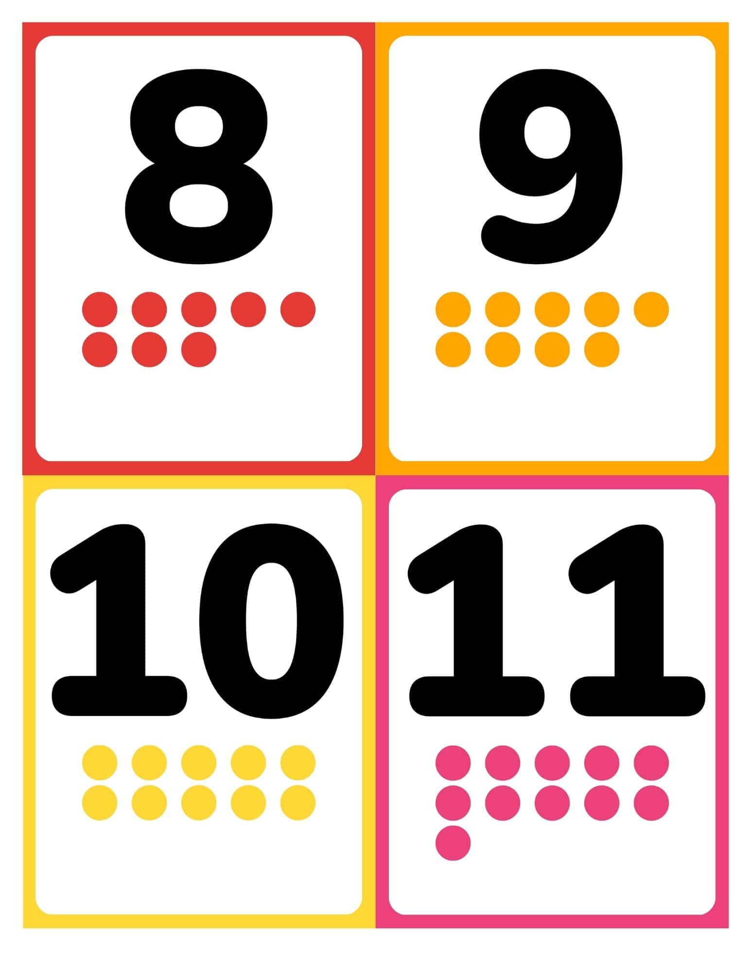 Number flashcards 8 to 11 with pictures