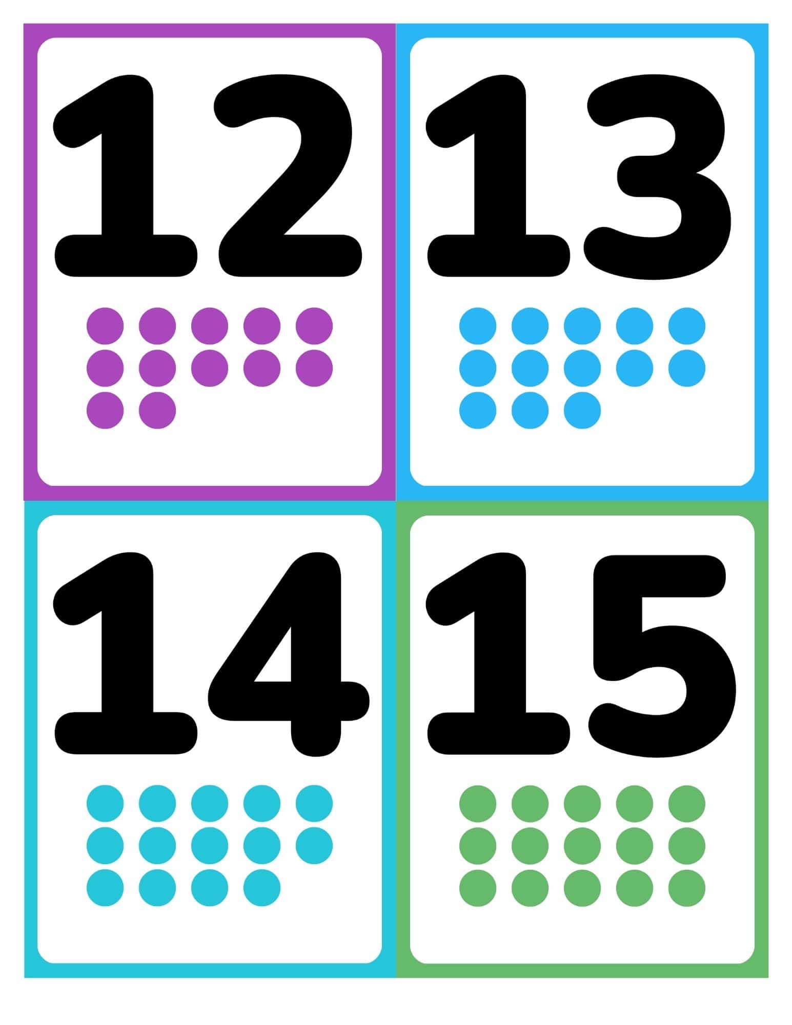 Number flashcards 12 to 15 with pictures