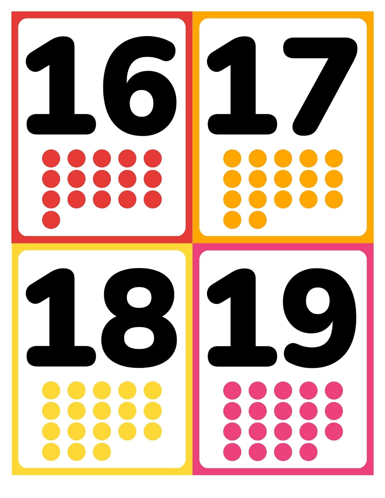 Number flashcards 16 to 19 with pictures