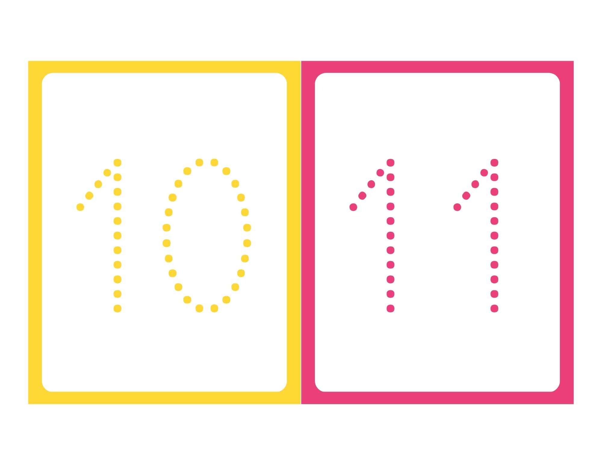 Tracing number flashcards for 10 and 11 in red
