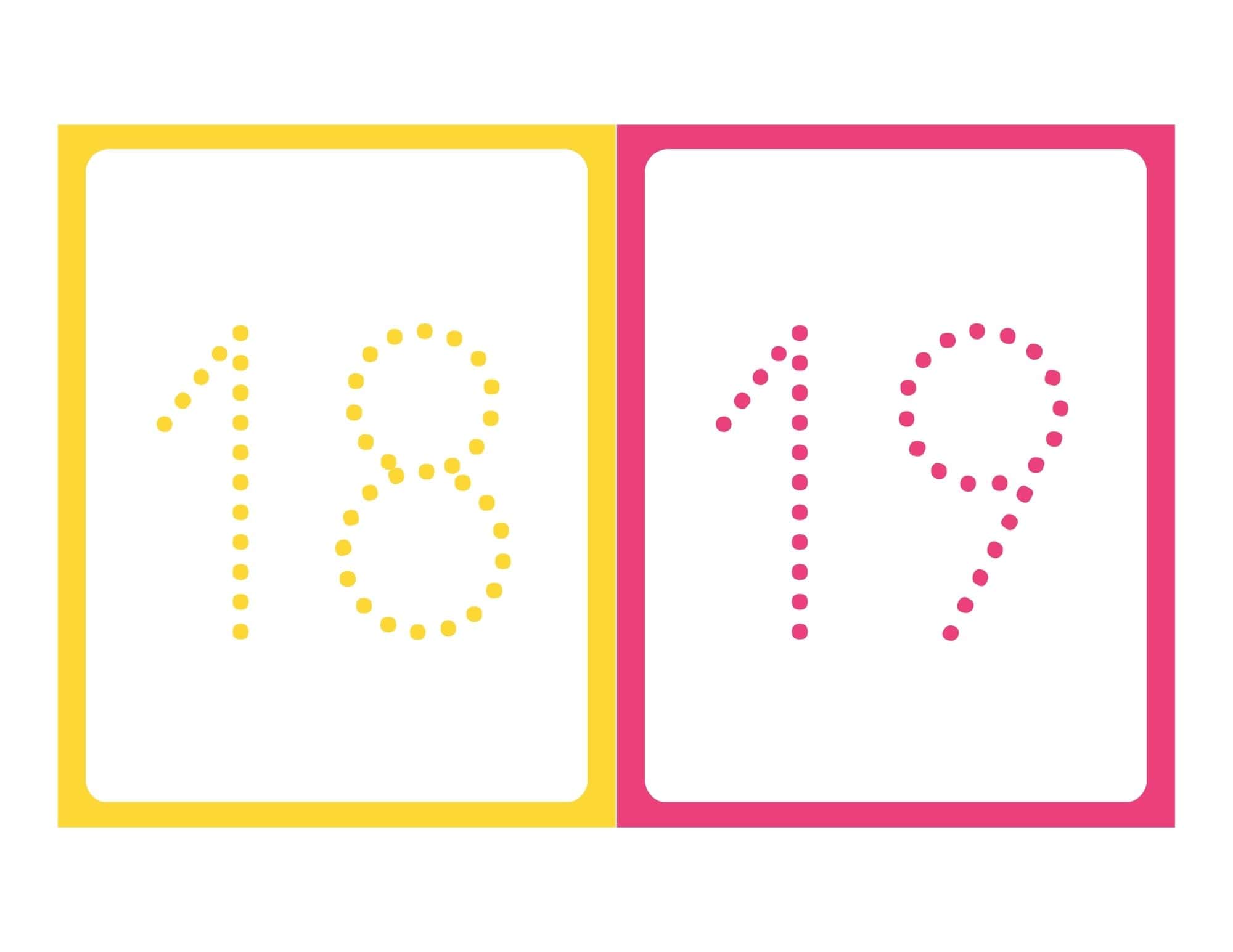 Tracing number flashcards for 18 and 19 in red and pink