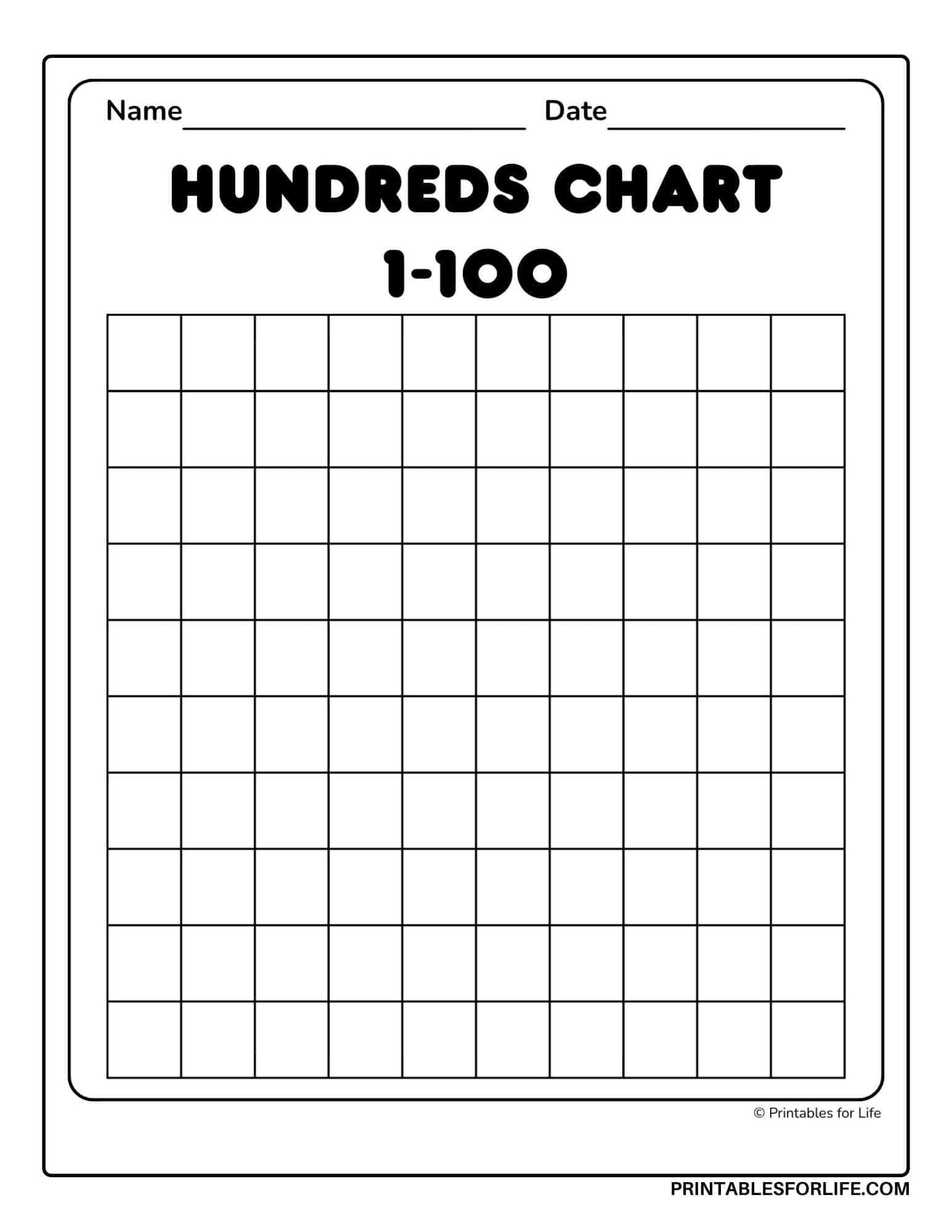Blank hundreds chart 1-100 to fill in. 