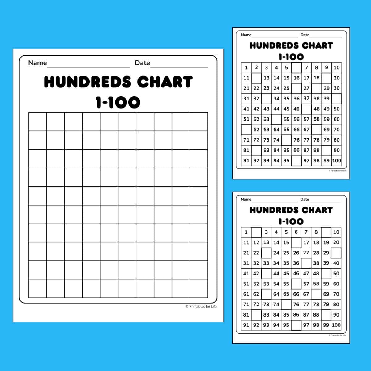 Blank hundreds chart 1-100 with practice missing number worksheets.