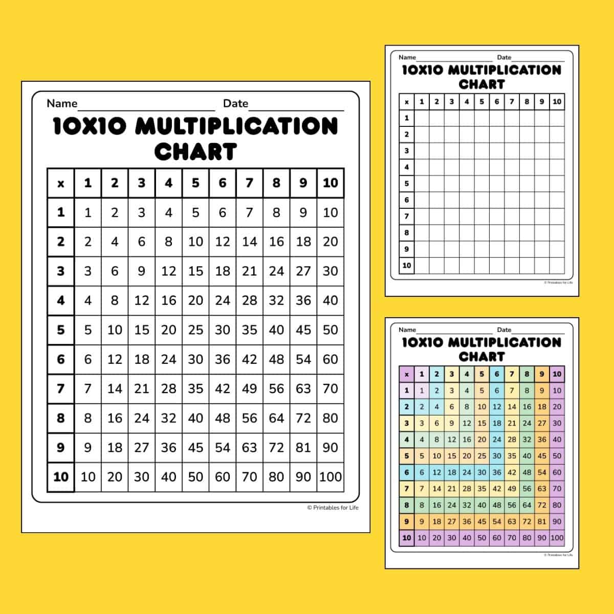 Printable 10x10 multiplication charts (filled in, blank, and colored).